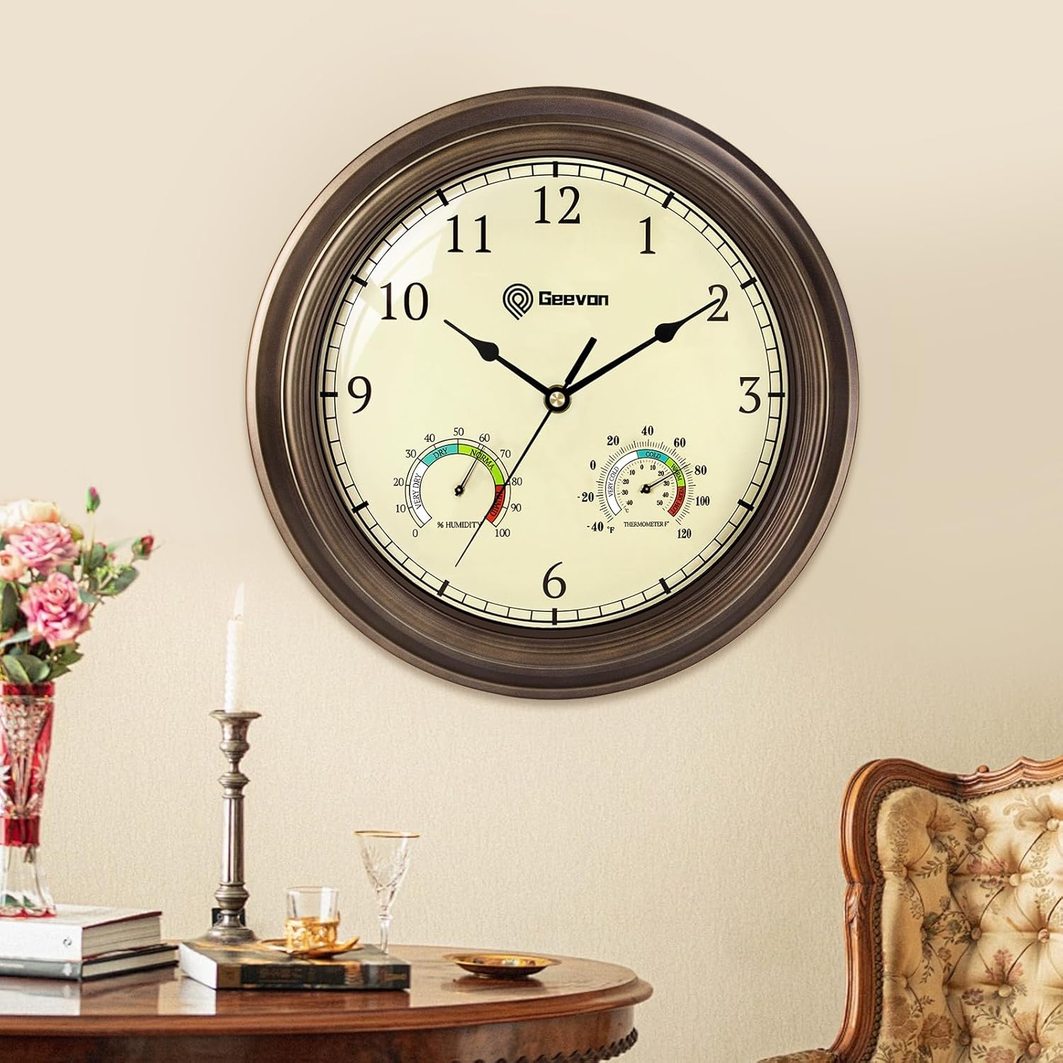 Geevon 16" Vintage Wall Clock Non Ticking with Hygrometer and Thermometer Combo,Battery Operated Quartz Decorative Wall Clocks for Home,Living Room,Office,Classroom,Kitchen,Bedroom Decor