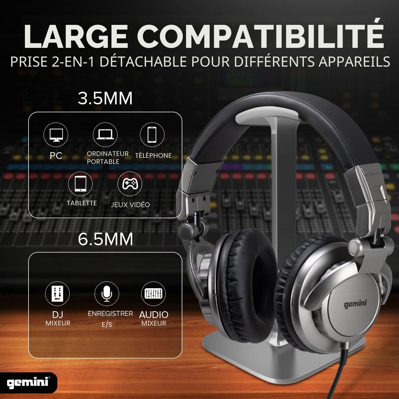 Gemini Sound DJX-500 – Casque DJ Professionnel, fermé, Filaire, Oreillettes pivotables à 90°/180°, Transducteurs 57mm, Oreillettes rembourrées – Idéal pour écoute en Studio