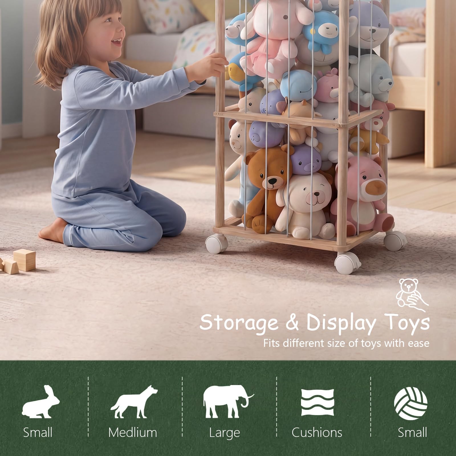 360° Drehbar Kuscheltier Aufbewahrung - Robuste Stofftier Aufbewahrung - Holz Kuscheltier Organizer - Stuffed Animal Storage für Spielzimmer Kinderzimmer Schlafzimmer Wohnzimmer 42x32x143 cm