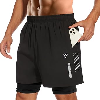 2 in 1 Running 5 Inch Inseam Shorts Men Breathable Mesh, Quick Dry Mens Athletic Shorts for Men Gym Sports Training