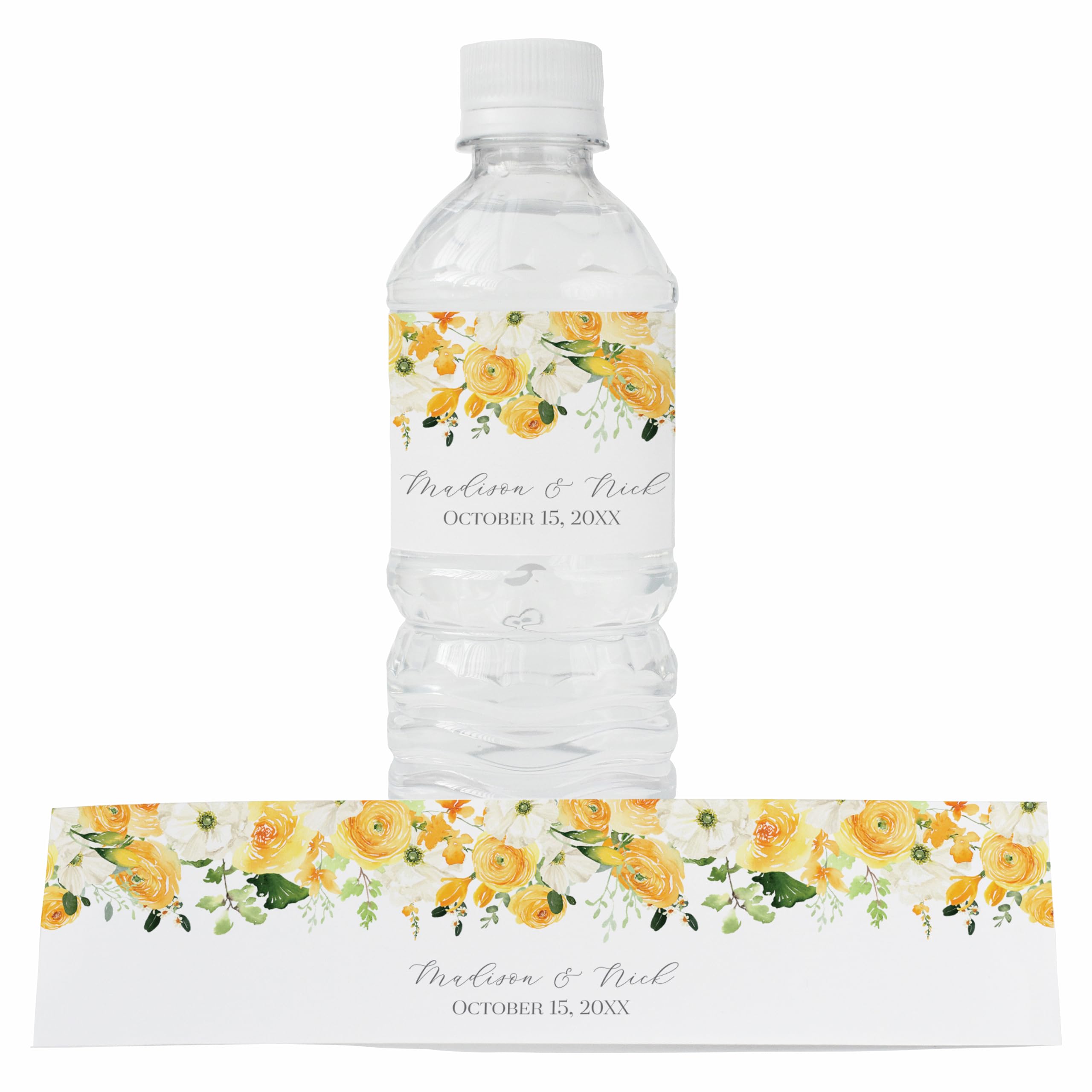 Personalized Water Bottle Labels with Choice of 30 Flower Styles - Choose Font and Pre-Made Phrases or Design Custom Text - LABELS ONLY (027 Yellow