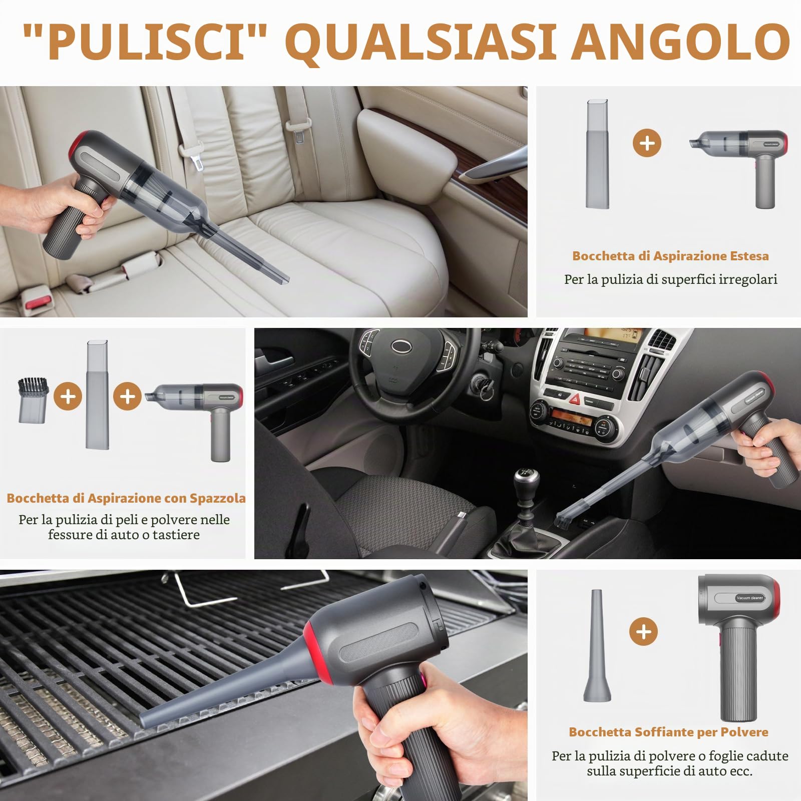Tiazhan Aspirapolvere manuale, 9000 Pa, potente aspirapolvere a mano, 4 in 1, leggero soffiatore di polvere e aspirapolvere, display a LED, mini aspirapolvere ricaricabile USB, per auto (Grigio)