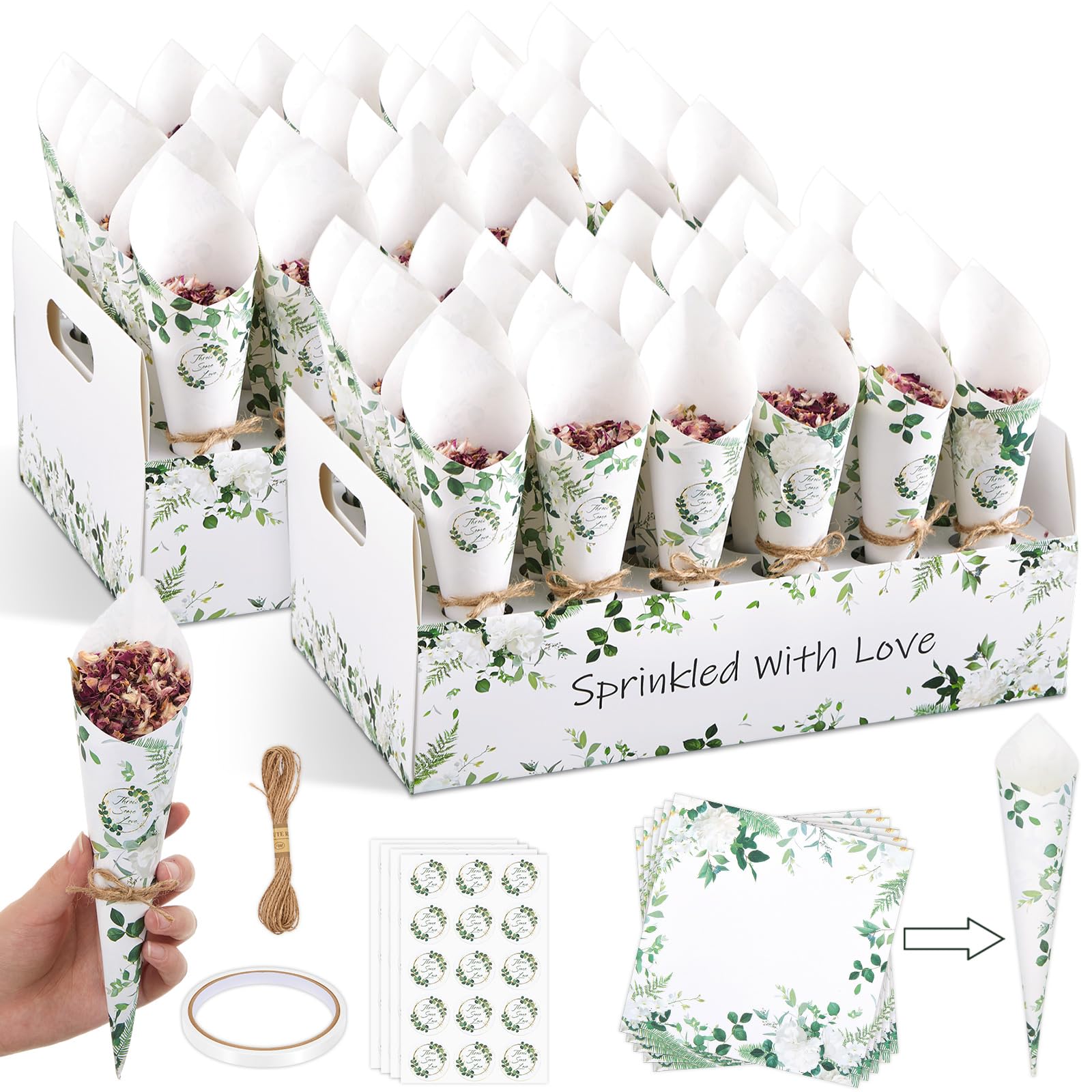 Nezyo 60 Pcs Wedding Confetti Cones Includes Holder Box Green Leaves Confetti Cones for Favours Cone Holder Including Ropes Adhesive Stickers Box Tray and Tape for Wedding Birthday Party Decoration