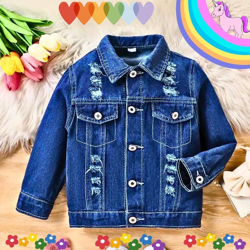 OrJana Veste en jean pour fille avec licorne, bleu denim, décorée de fleurs et d'étoiles, design magique avec broderie arc-en-ciel