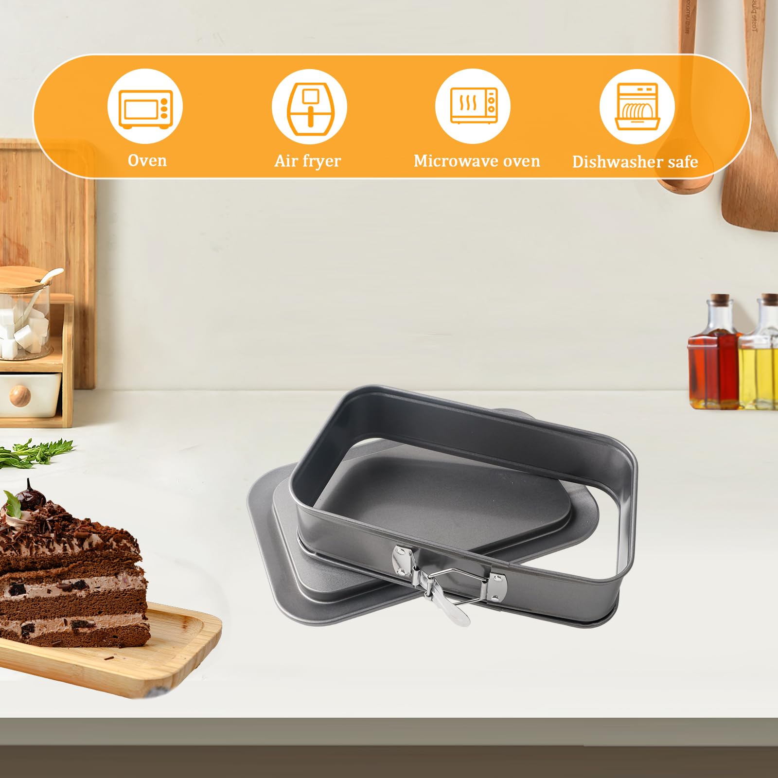 Backform Rechteckig, Springform Eckig Set Antihaft Kuchenform, Kleine Backformen mit Servierboden & 3 Silikon Teigschaber, für Käsekuchen, Tiramisu und Heimbacken