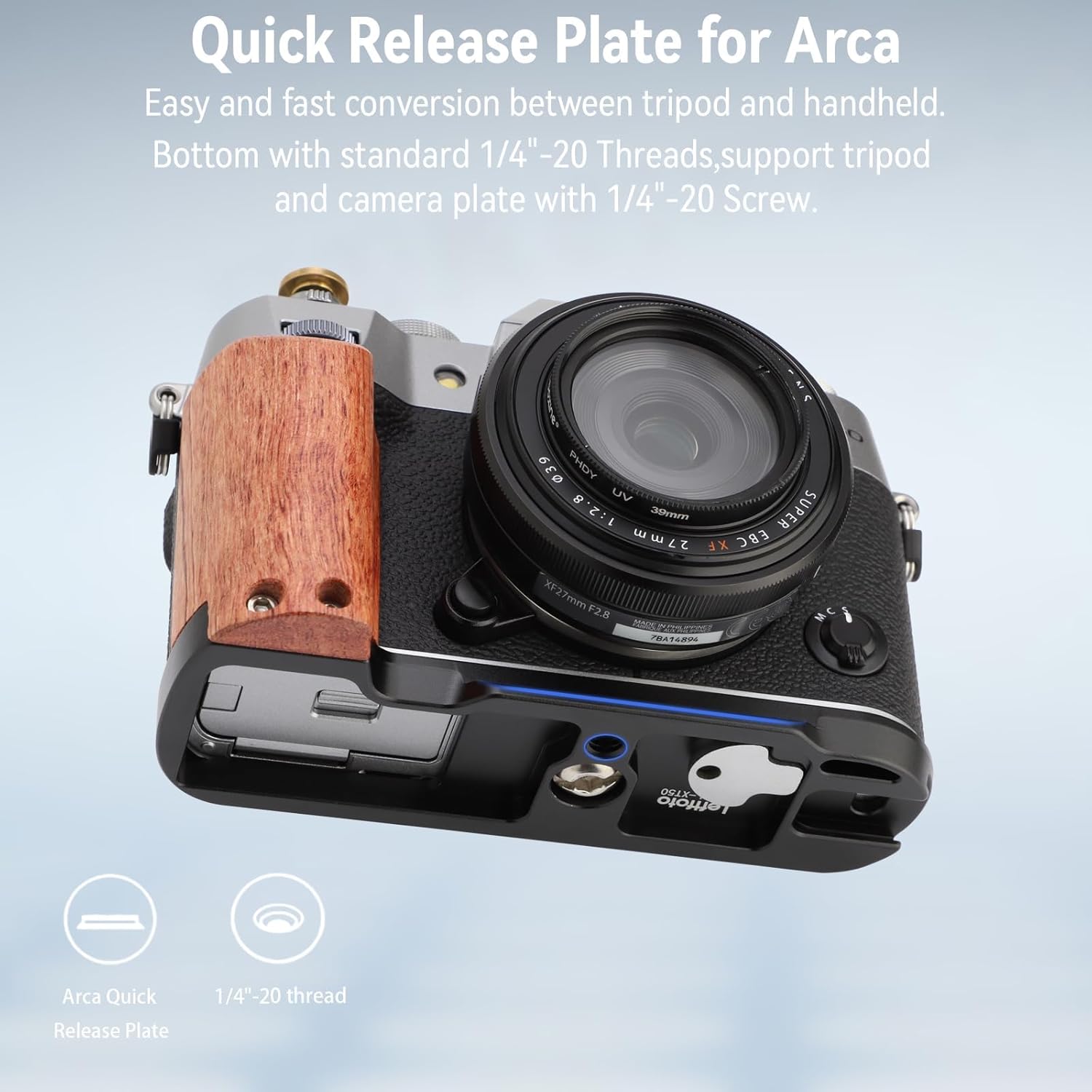 LEFTFOTO X-T50 Retro Handgrip L-Shape Bracket Handle with Wooden Grip for Fujifilm X-T50 Camera,with Built-in Bottom Arca Quick Release Plate, with Shutter Button,Black - Image 4