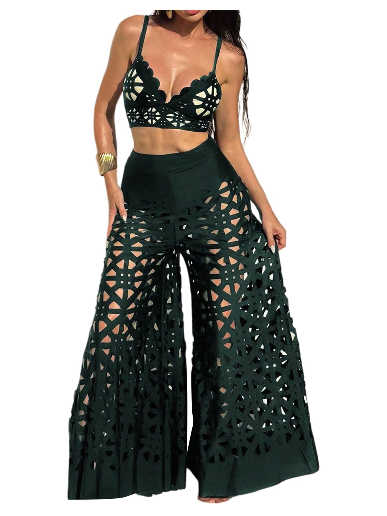 Traje de baño de 3 piezas para mujer, conjunto de bikini hueco con pantalones de cobertura, color verde, talla M