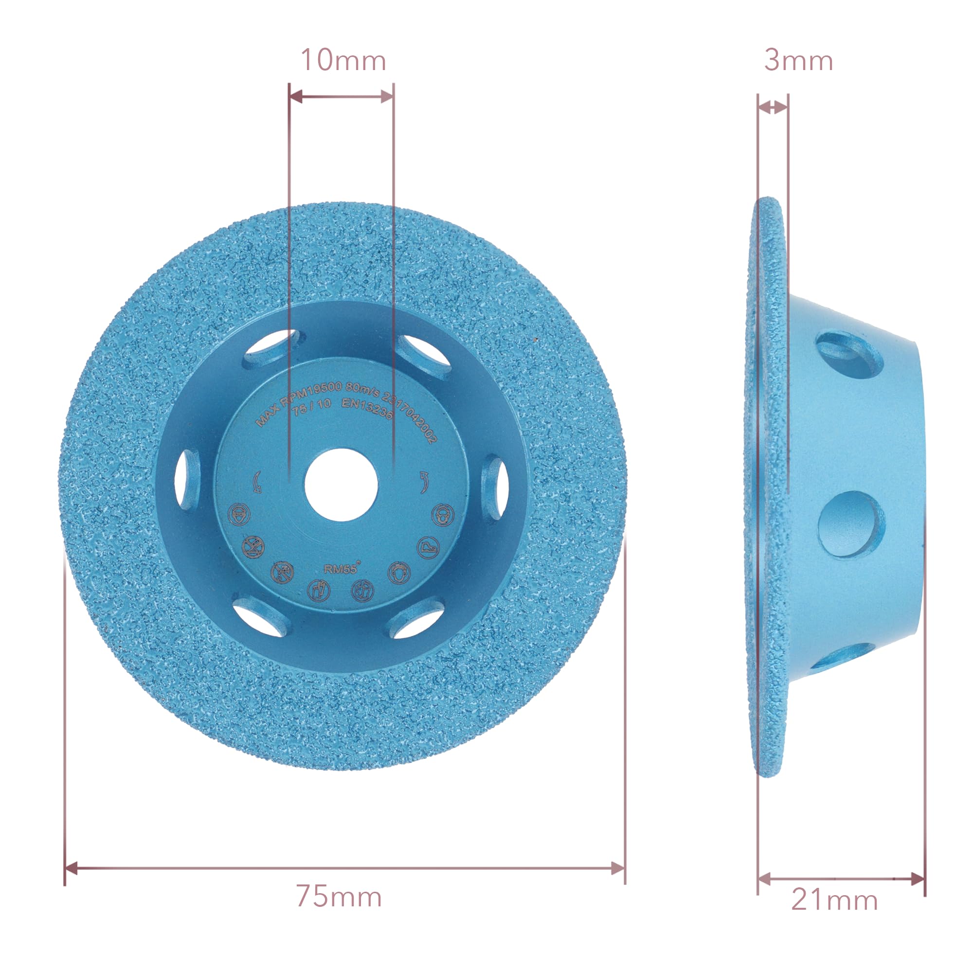 PRODIAMANT Disco de lijado universal de diamante, 75 mm, 10 mm, para amoladora angular de batería de 12 V, con revestimiento de diamante al vacío para moler todos los materiales de construcción