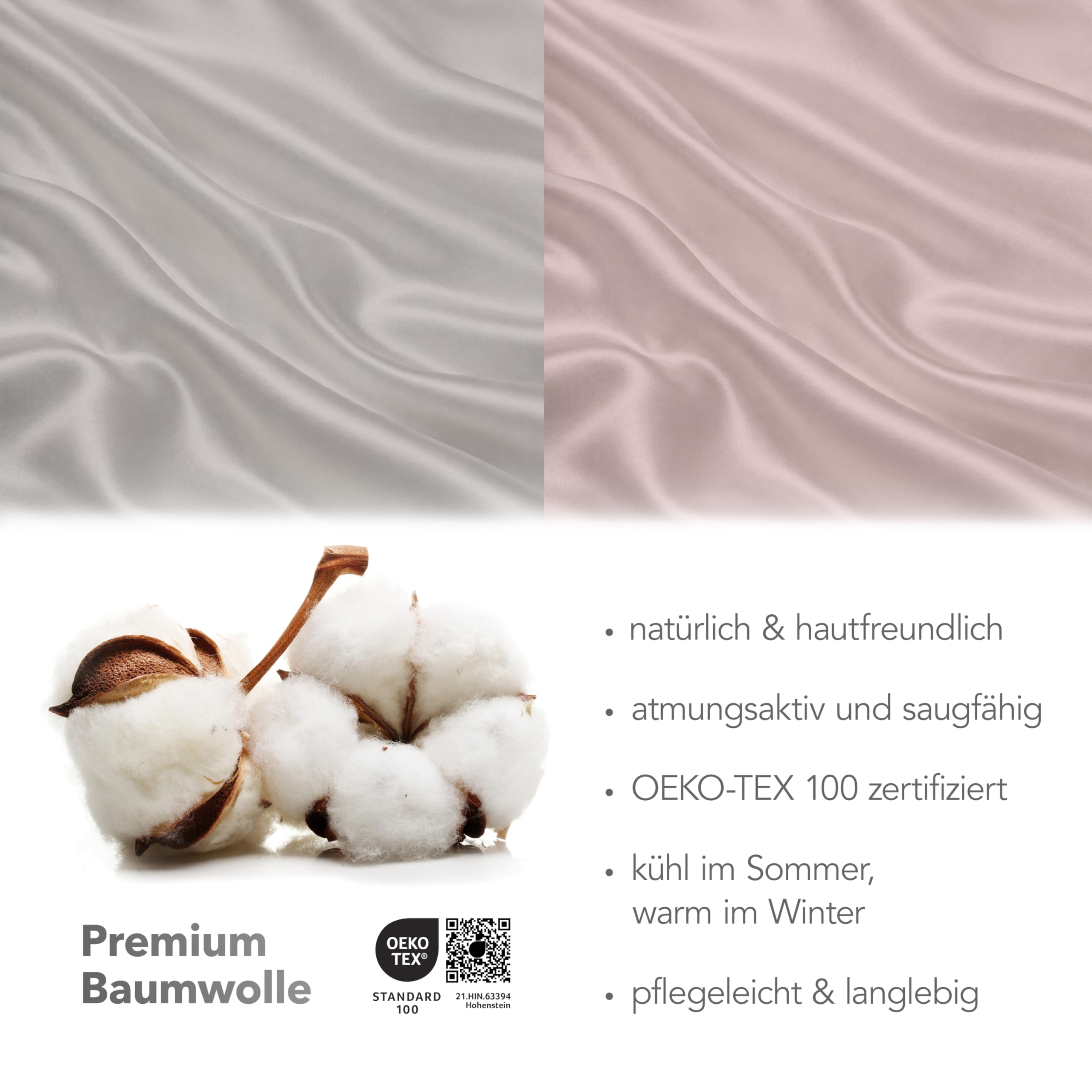 Blue Moon raso di cotone makò biancheria da letto 140 X 200 + 70 x 90 cm Tinta Unita, produzione europea... Silber/Rosé