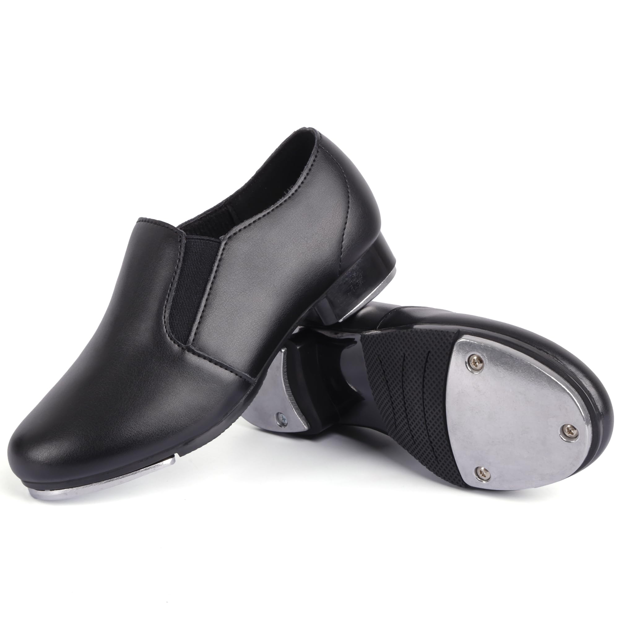 Linodes Unisex-Child Double Elastics Slip on Tap Shoe for Girls and Boys Tap Flat-Black-3.5M-Big Kid