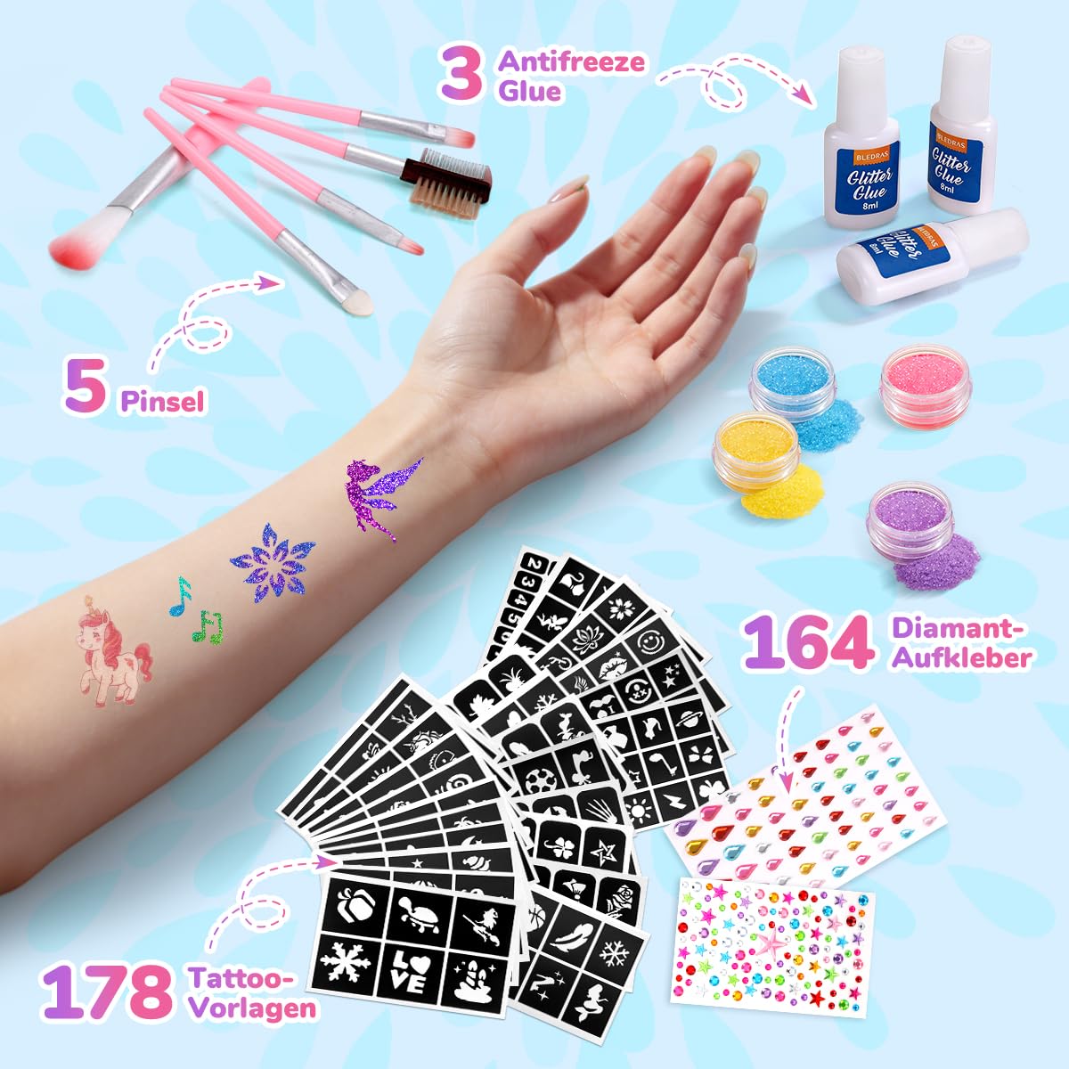 Bledras 36 Farben Glitzer Tattoo Set Kinder - Komplett-Set mit 178 Schablonen, 5 Pinseln, 3 Klebern, 4 Leucht-Tattoos & weiterem Zubehör – Geschenke für Kinder im Alter von 3 bis 12 Jahren - 5