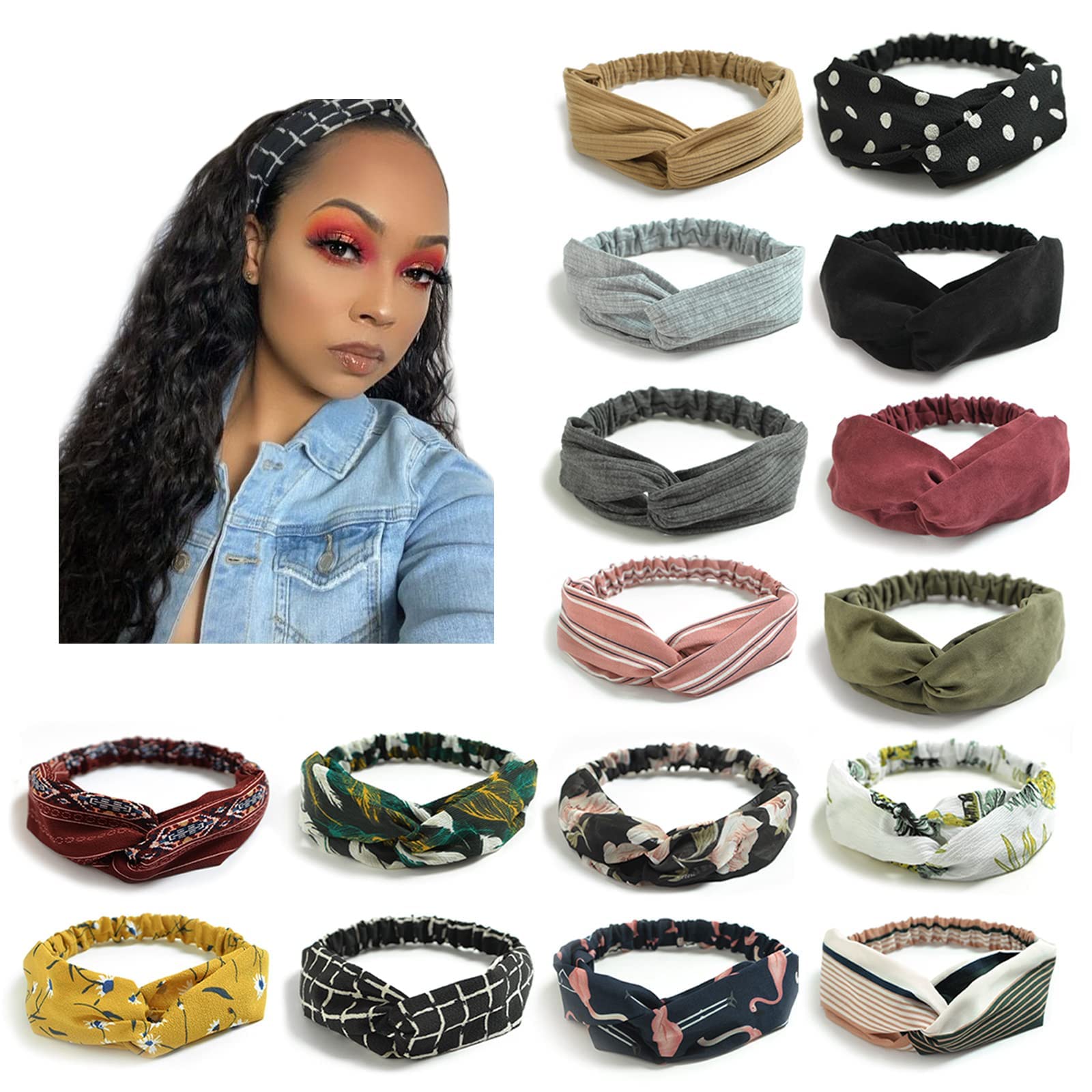 DRESHOW16 Pack Turban Headbands for Women Elastic Back Twisted Hair Bands Face Vintage Cross Head Wrap Hair Accessories