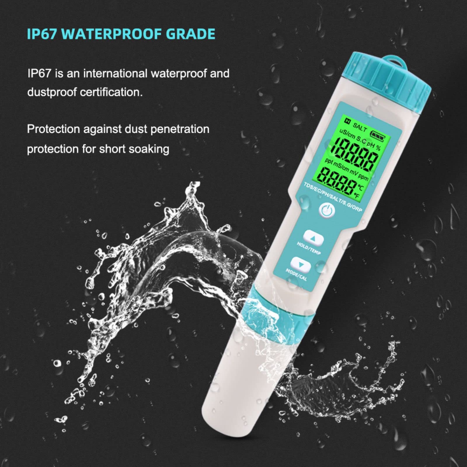 Joyeee Probador de calidad del agua, medidor 7 en 1 TDS/EC/PH/ORP/SG, LCD con retroiluminación verde Probadores de agua para piscina Acuario Estanque Prueba de calidad del agua potable