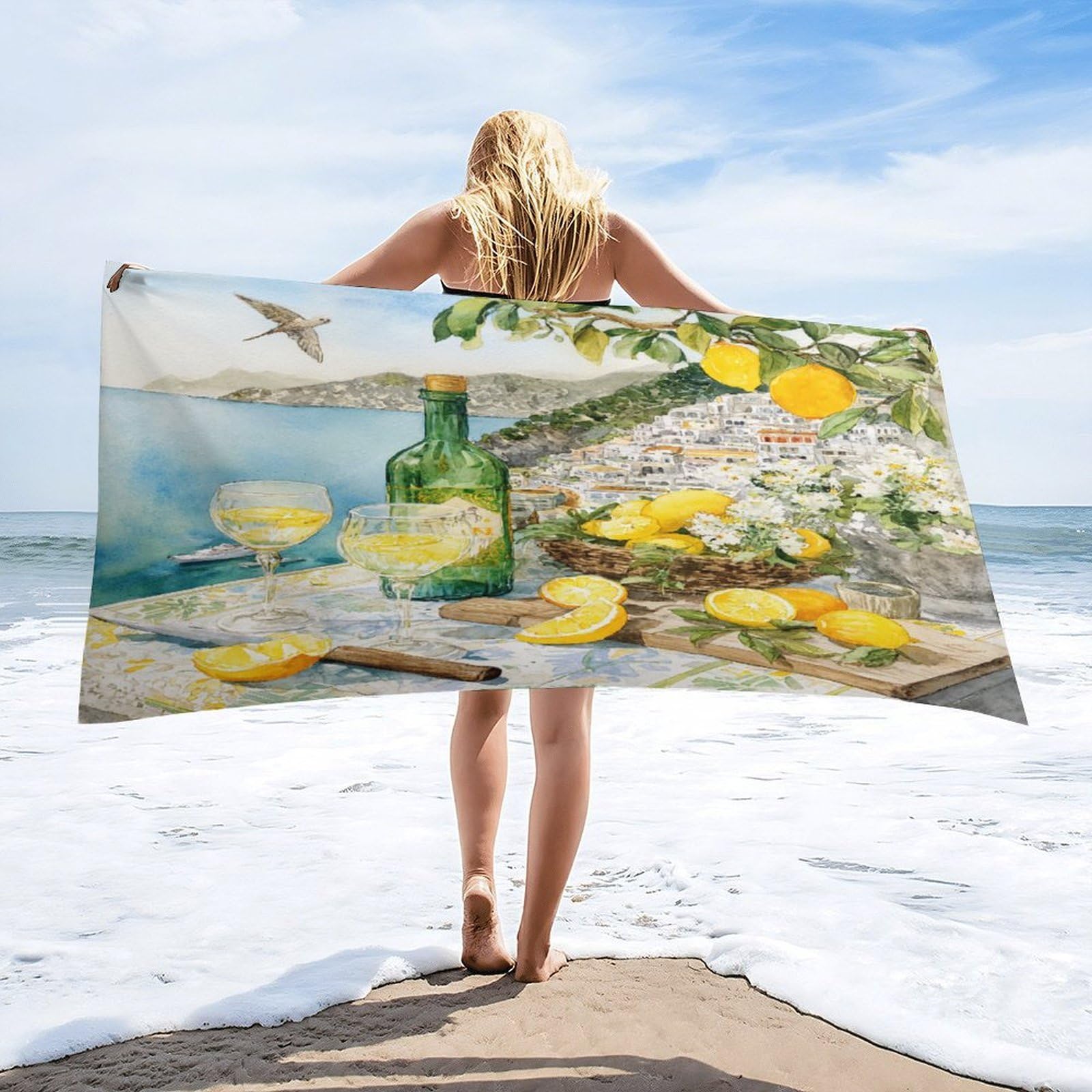 Luyysky Beautiful Abstract Fruit Lemon Absorbent Beach Towel, Mid Century Modern European Italian Coastal City Plant White Floral Wi Outdoor Single-Sided Velvet Beach Towel-80 W Cm X 160" L Cm