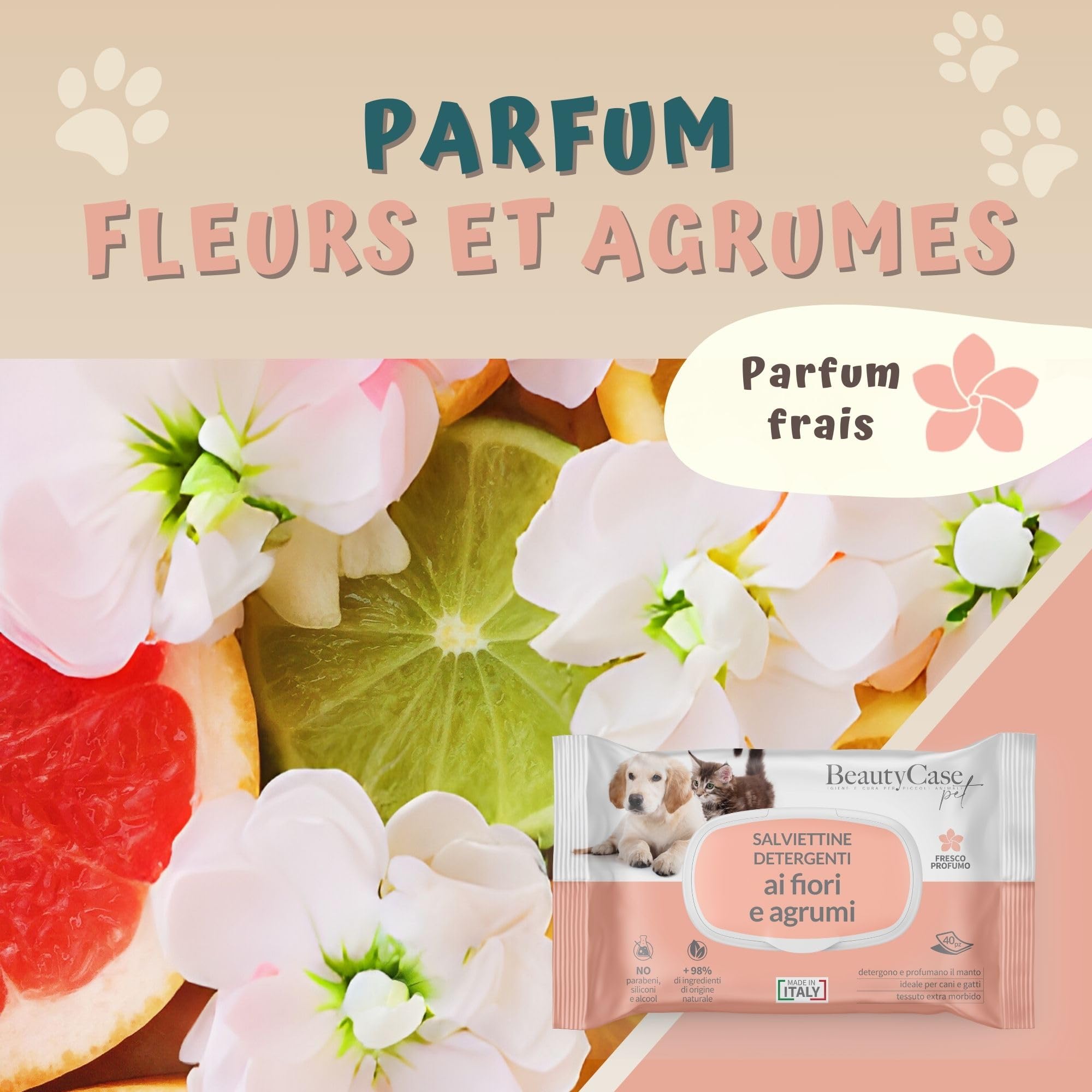 Beauty Case Lingette Chien 480 pcs (12x40) - Lingettes Douces pour Chien, Chiot et Chat - Extra Large 20x30cm - Corps et Pattes - Senteur Fleurs Fraîches & Agrumes