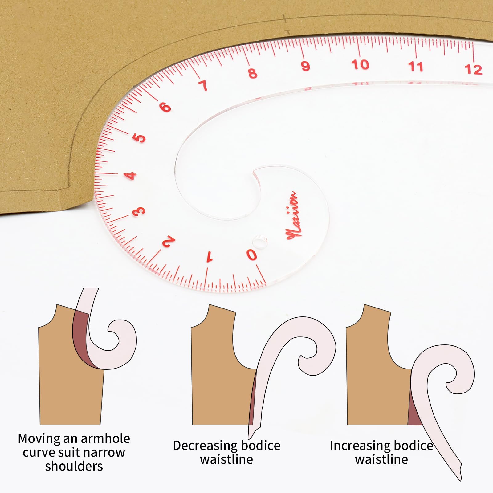 YLaziion Regla curva francesa acrílica de 30,5 cm, 3 mm, herramienta de dibujo transparente en forma de coma con escalas grabadas con láser, no amarillea, alta transparencia para costura y diseño de