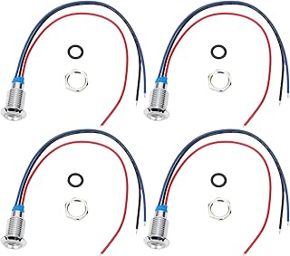 Pre Wired Round LEDs, 4 Sets Metal Waterproof Two Color Indicator Common Cathod Device Light 10mm 12~24V(Red and Blue)