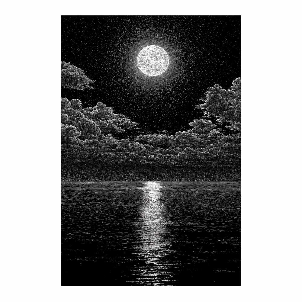 XENIOU Black White Canvas Print Dotwork Night Lake Moon Canvas Wall Art, artwork for Bedroom Living Room Bathroom Office Home Decoration(Multicolor)-80x120cm Unframed