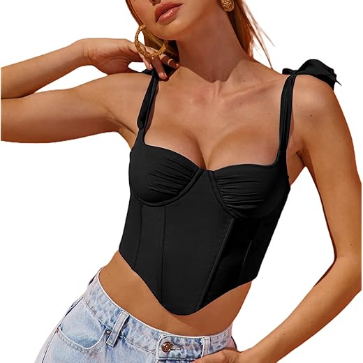 LovelyWholesale Women's Sexy Boned Bustier Corset Crop Top Tie Up Shoulder Asymmetrical Shirts Clubwear Black Small