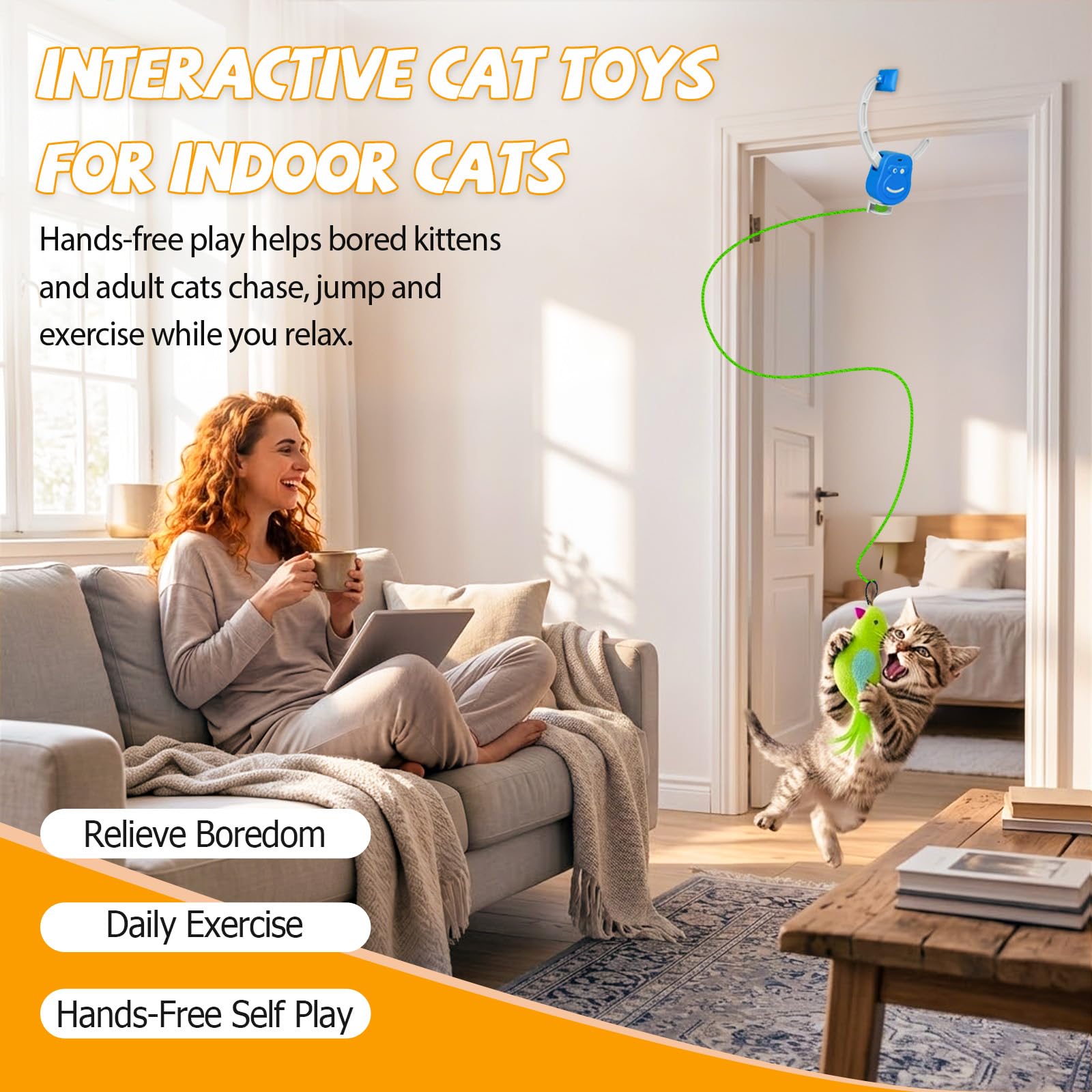 Juguetes interactivos para gatos de interior, marco de puerta colgante automático con pájaro, ratón y plumas, juguete de ejercicio activado por movimiento para gatitos aburridos y gatos adultos