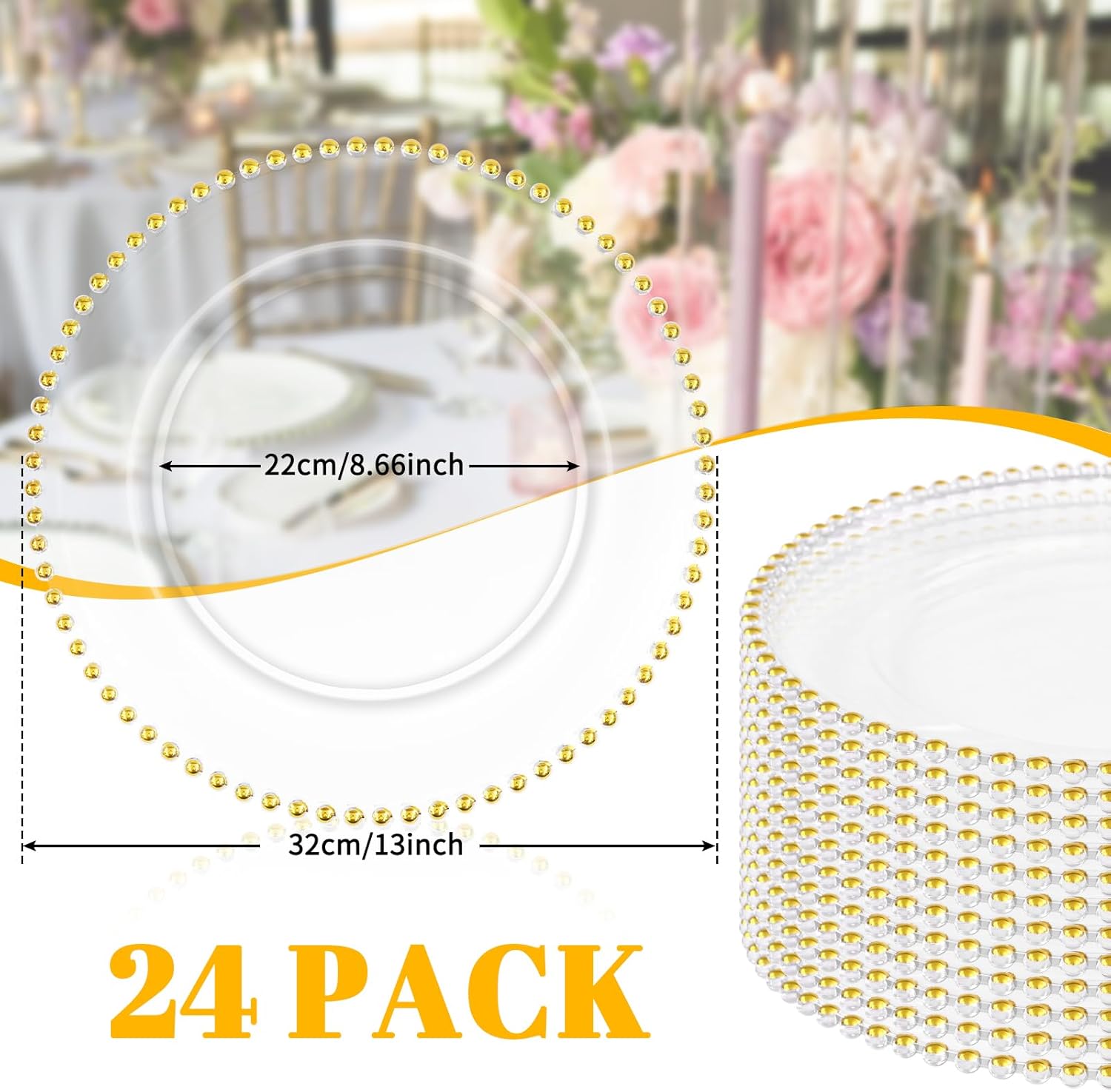 fani 24 Pack Clear Charger Plates Bulk 13 Inch Plastic Round Dinner Chargers with Beaded Rim, Acrylic Decorative Service Plates for Wedding Party Event, Home and Tabletop Decor (Gold)