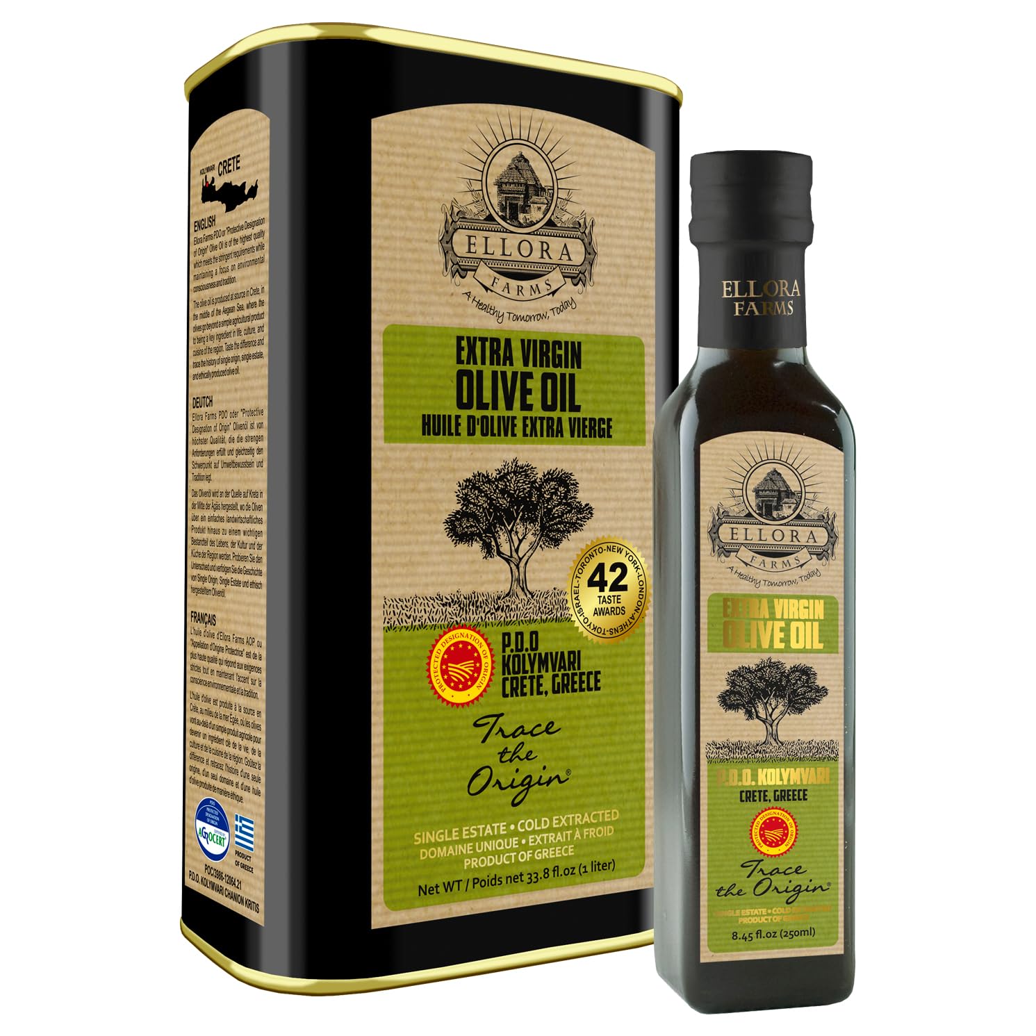Ellora Farms, Greek Extra Virgin PDO Olive Oil, Traceable and Certified Single Estate, Kosher EK, 33.8 oz. Tin and 8.45 oz. Glass bottle Combo Pack