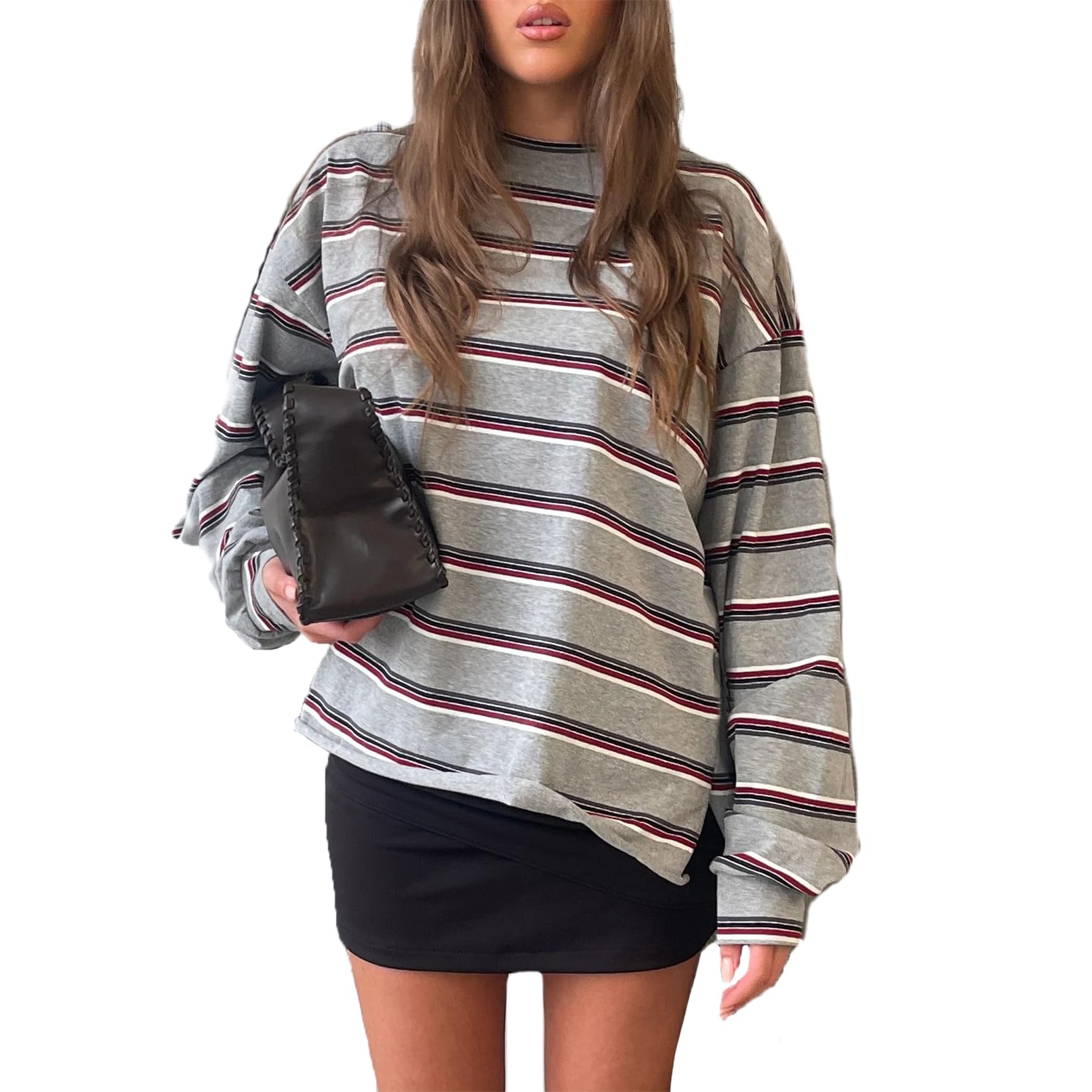 Women Oversied Stripd Rugby Shirt Y2k Long Sleeve Button Collared Preppy Polo Sweater Vintage Aesthetic Streetwear