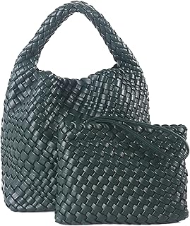 Handmade Woven Shoulder Bags for Women Cute Hobo Tote Handbag Mini Clutch Purse with Magnetic Buckle Crossbody Phone Bag (Dark Green)
