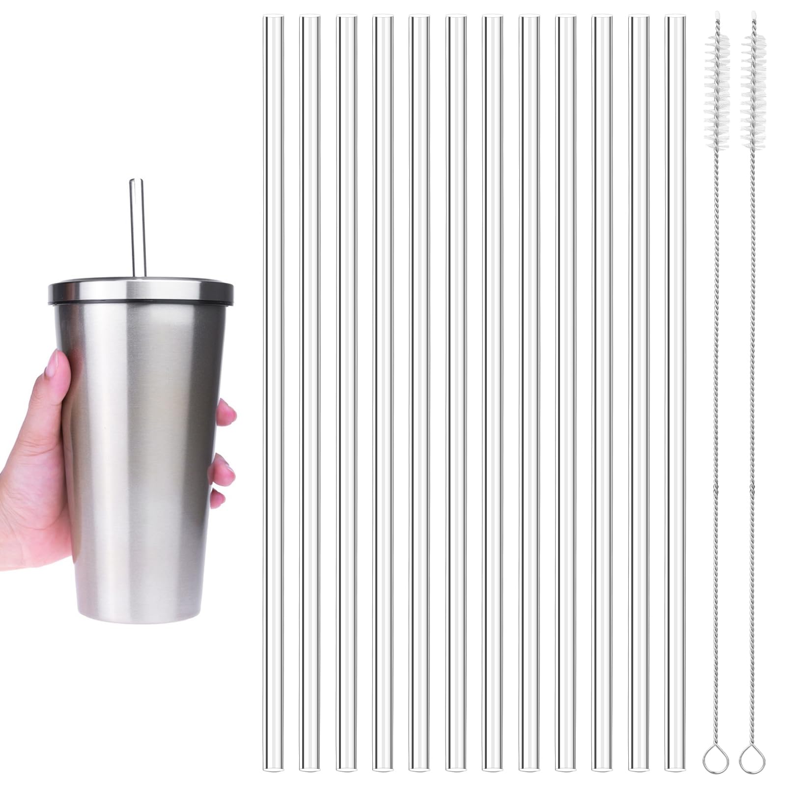 12 sztuk plastikowych słomek 30 cm, słomki plastikowe wielokrotnego użytku, proste słomki plastikowe z 2 szczotkami do czyszczenia