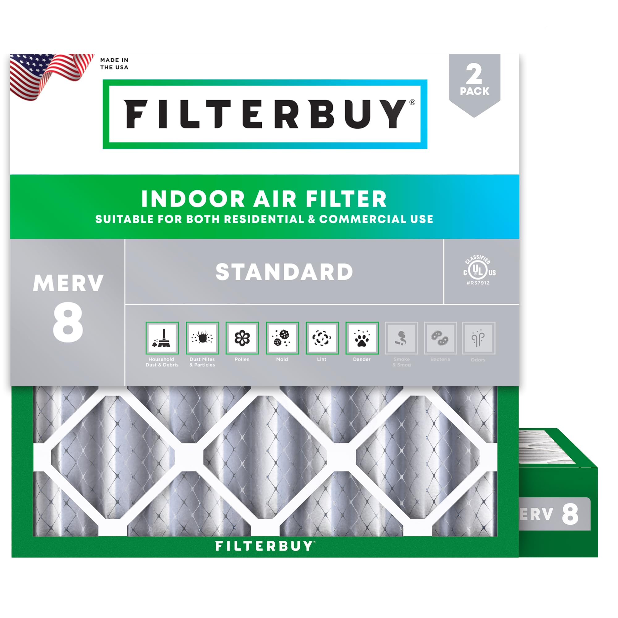 Filterbuy 25x25x4 Air Filter MERV 8 Dust Defense (2-Pack), Pleated HVAC AC Furnace Air Filters Replacement (Actual Size: 24.50 x 24.50 x 3.63 Inches)