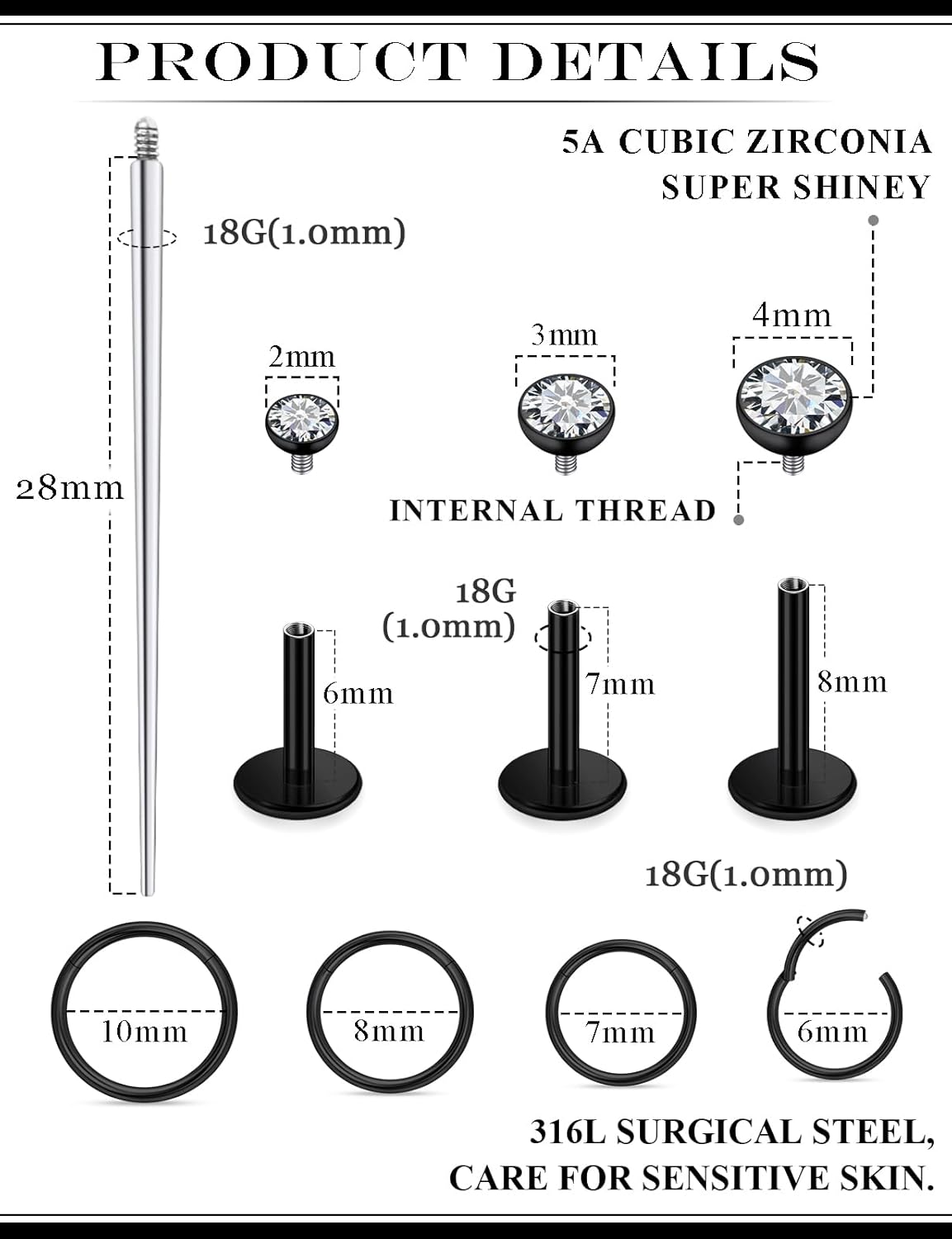 18G 16G Internal Thread Flat Back Earrings Nose Studs 316L Surgical Steel Tragus Forward Helix Conch Cartilage Lobe Earrings Stud Medusa Labret Lip Ring Piercing Jewelry Hoops For Women Men - Image 2