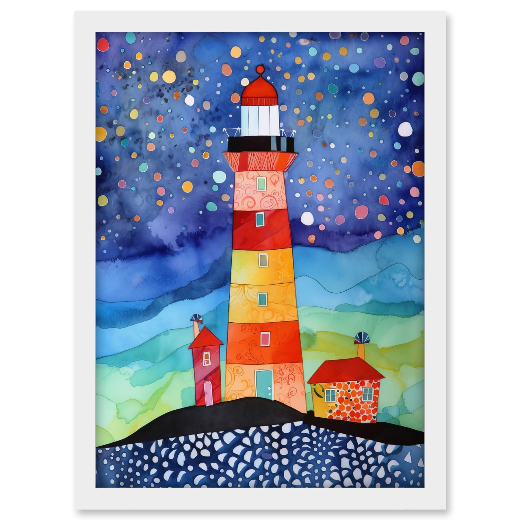 Artery8 Framed White A3 Lighthouse On Starry Night Folk Art Watercolour Painting Artwork Framed A3 Wall Art Print