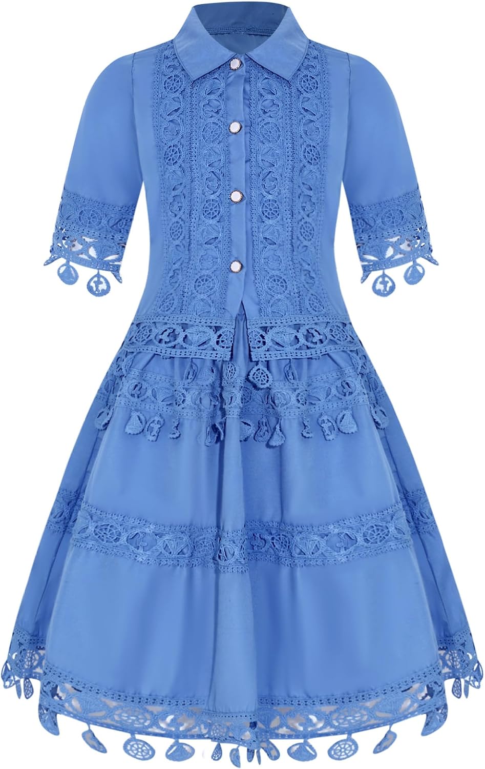 Kids Girls Boho Crochet Lace Outfit Short Sleeve Lapel Fringed Cardigan Top Elastic Waistband A-line Skirt Set Royal Bue 6-7 Years