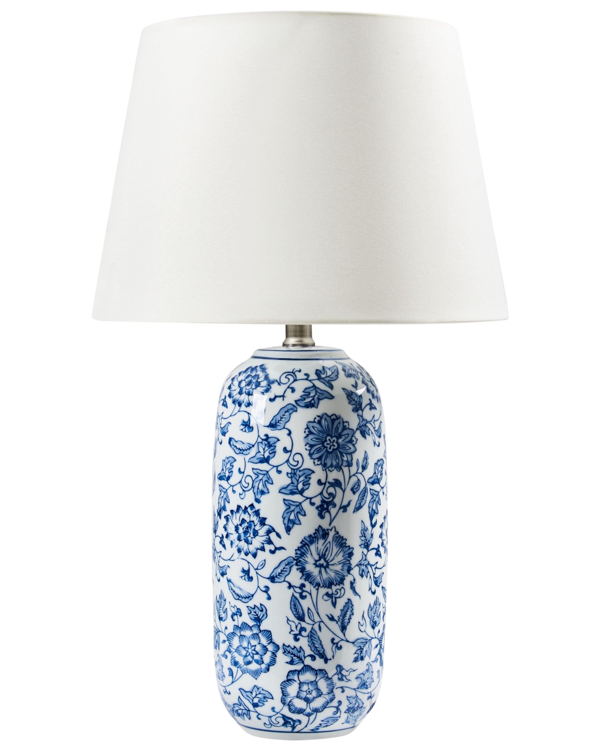 Beliani Stilvolle Tischlampe mit Porzellansockel und Blumenmuster Leichter Leinenschirm Wohnzimmer Schlafzimmerbeleuchtung Blau und Weiß Aibonito