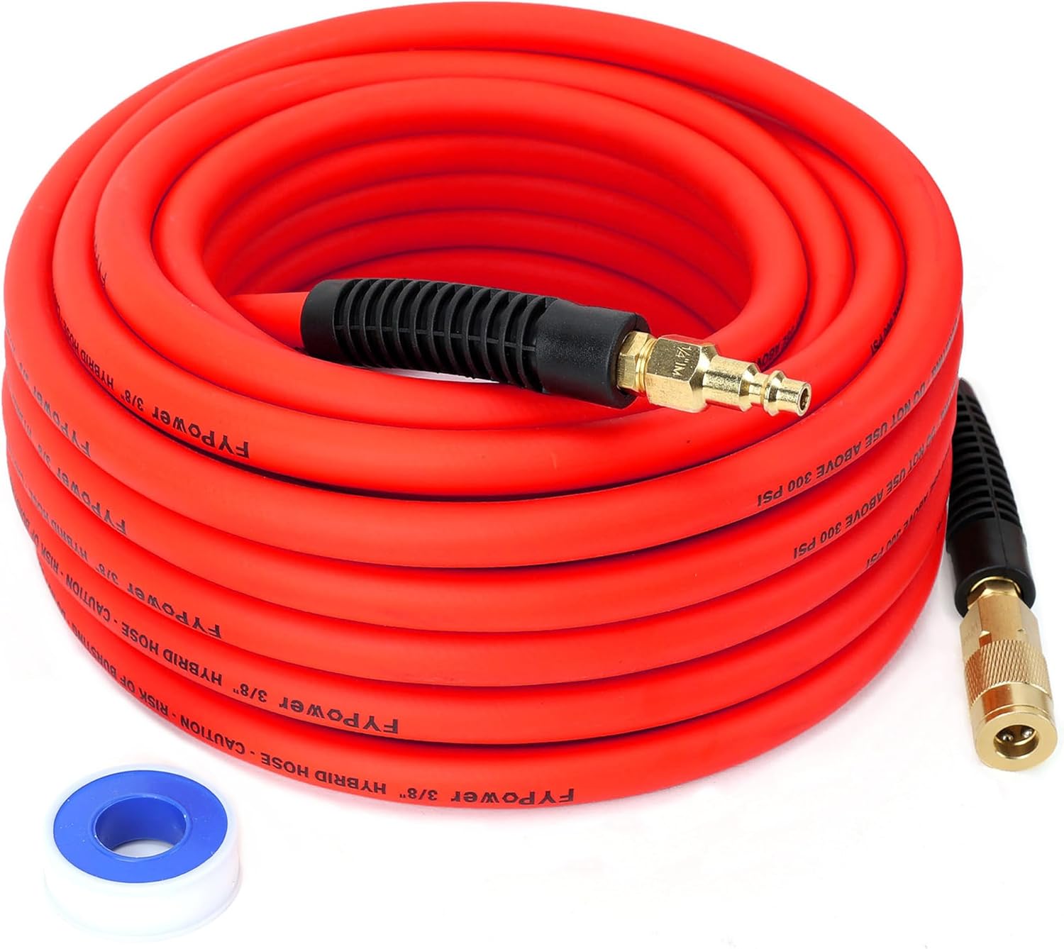 Hybrid Air Compressor Hose 3/8 in x 50 ft, Heavy Duty, Lightweight, Flexible and Kink Resistant Compressor Hose with 1/4" Industrial Brass Fittings, Red
