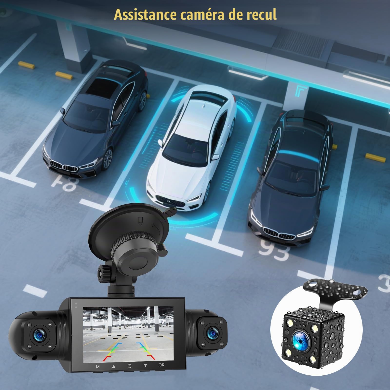 360° Dashcam Voiture Avant Arrière 4 Canaux Camera Embarquée Contrôle de APP, Voiture Vision Nocturne, Vidéo en Boucle, G-Sensor, Aide au StationnementIncluse