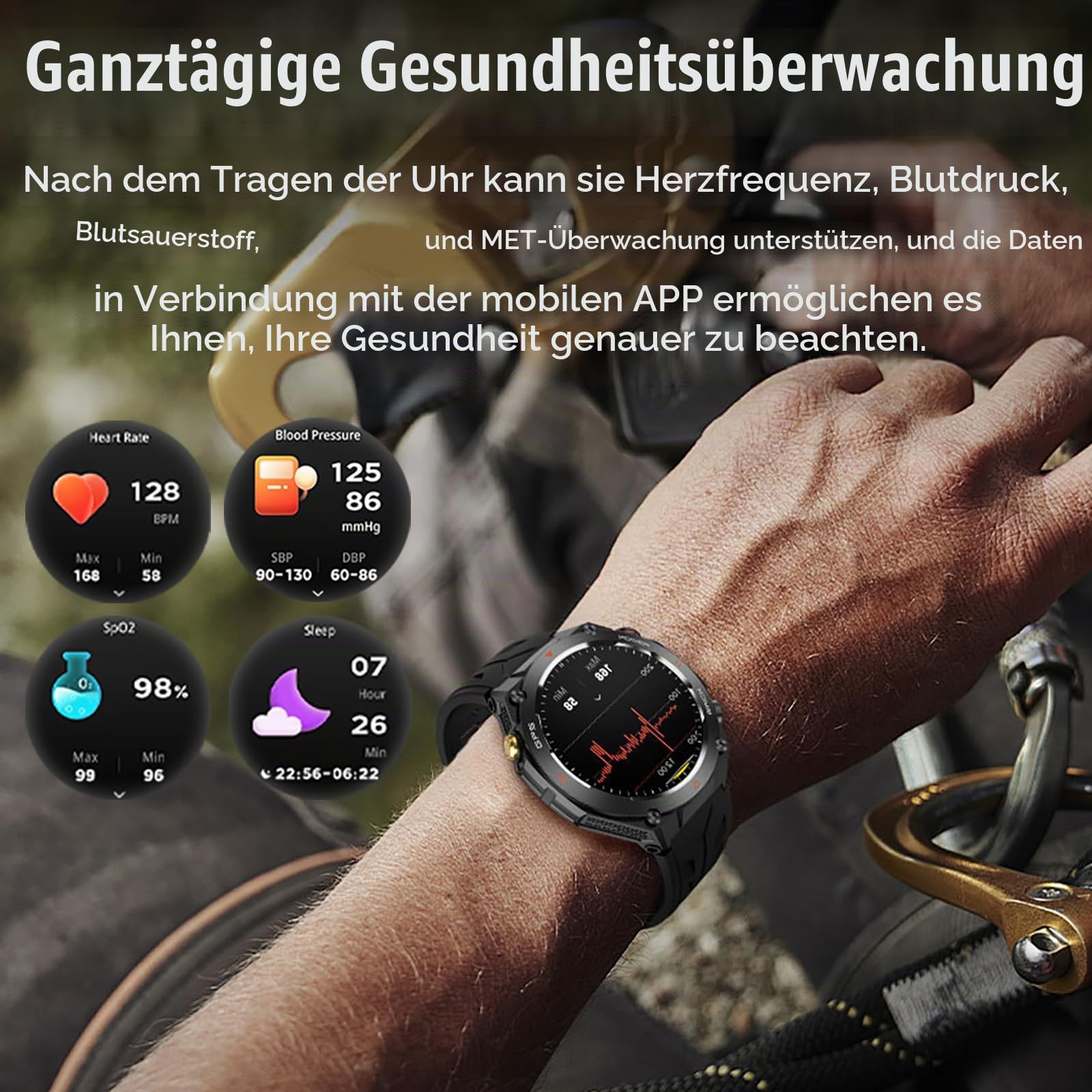 GPS Smartwatch Herren Barometer Militär Uhr Kompass Höhenmesser Outdoor Sportuhr Fitnessuhr Telefonfunktion Gesundheitsuhr Blutdruck Pulsuhr Schrittzähler Laufuhr Aktivitätstracker Military Watch