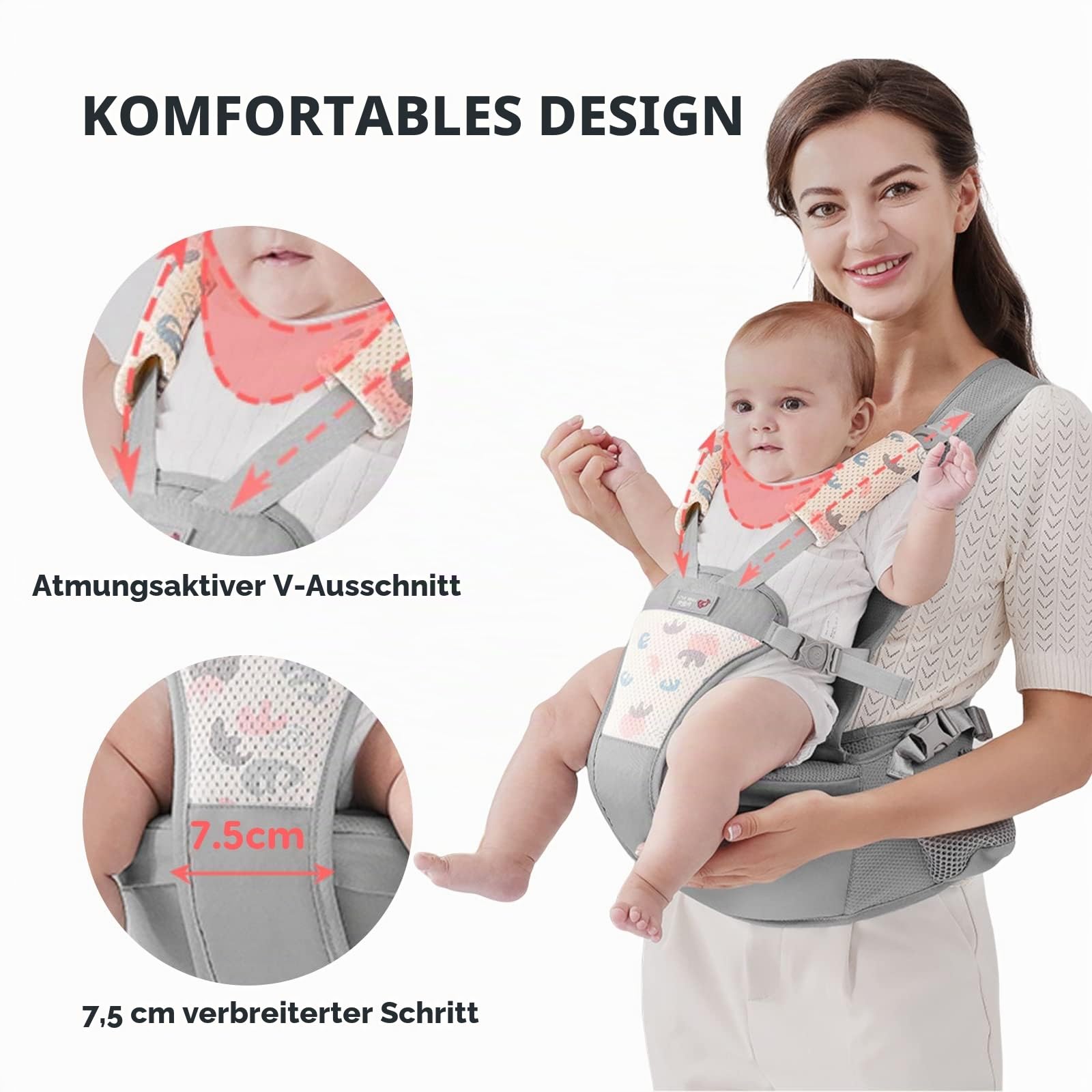 SONARIN Einfache Babytrage Hüftsitz,Multifunktionale Atmungsaktive Babytragetasche Baby Hüftsitz Kindertrage Ergonomische Baby Tragesystem Bauchtrage Rückentrage für 0-36 Monate(Grau)