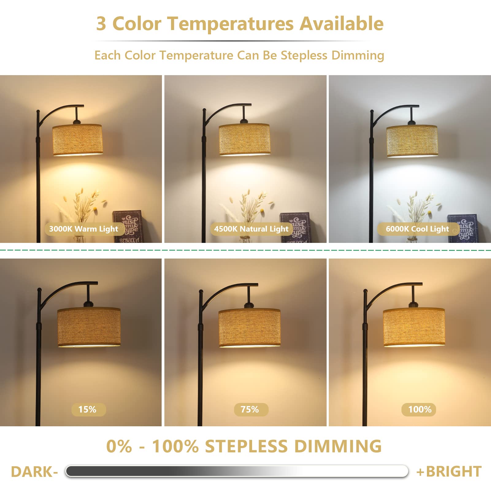 LAMSU Boho Arc Floor Lamp with Remote, Rattan Farmhouse Standing Lamps with Dimmable LED Bulb, Modern Black Tall Lamp with Woven Shade for Living Room Bedroom Office, Height Adjustable, App Control