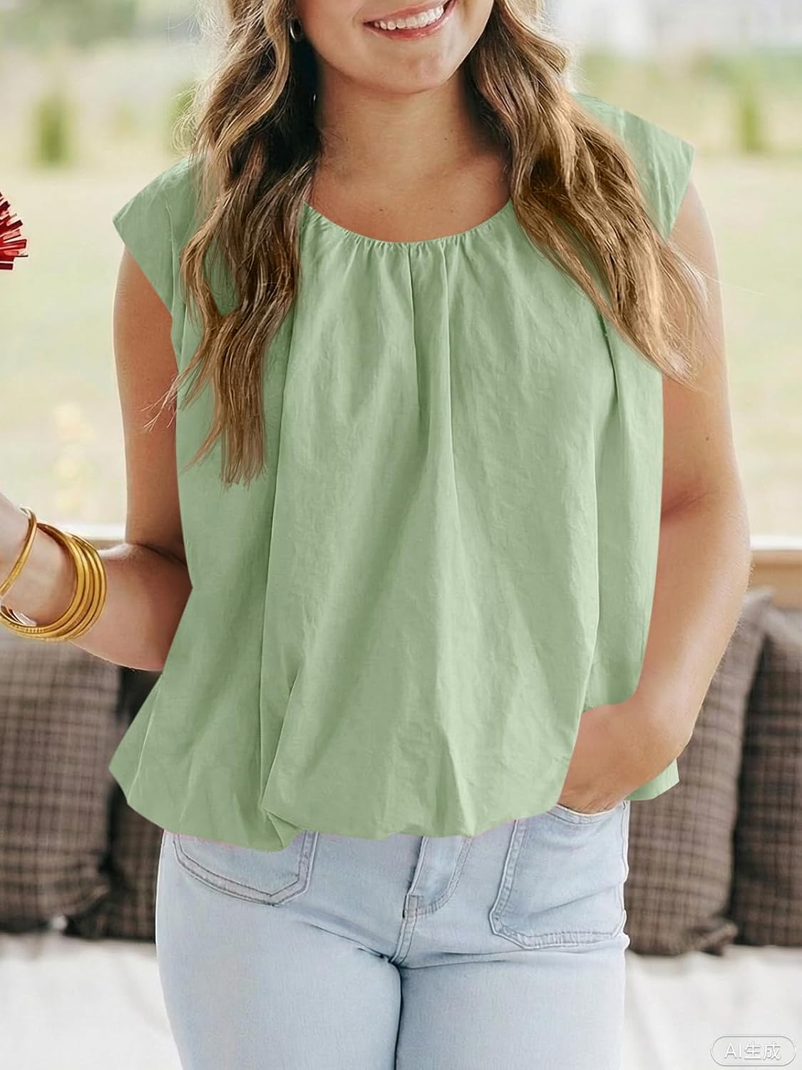 Cicy Bell Womens Summer Cap Sleeve Blouses Casual Pleated Open Back Crew Neck Bubble Tank Tops Bow Tie Cotton Shirts - Image 4