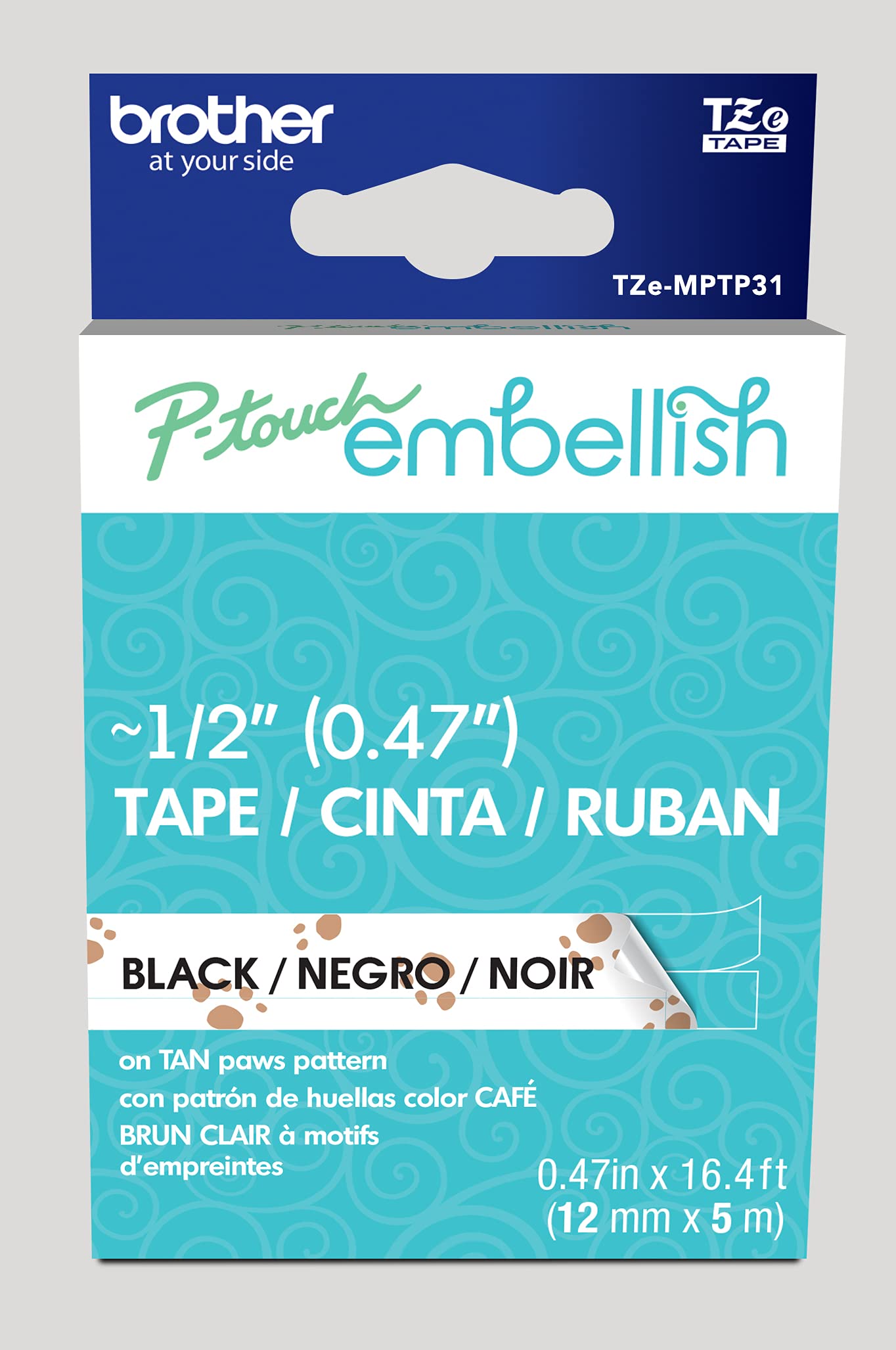 Brother P-Touch Embellish Black Print on Tan Paws Patterned Tape TEMPTP31 – ~½” Wide x 13.1’ Long for use with P-Touch Embellish Ribbon &amp; Tape Printer