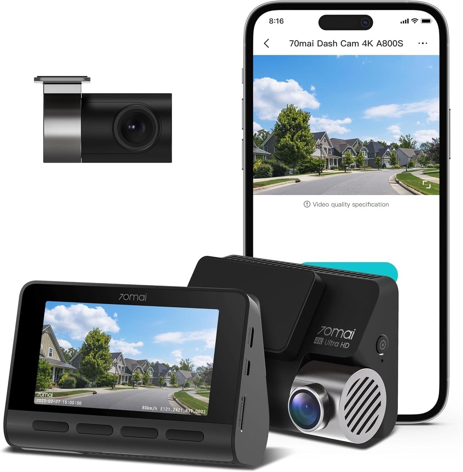 A800S Dual Vision True 4K Dash Cam, Built-in GPS, ADAS, in App Playback & Share, Optional Parking Monitoring (Front + Rear Cam)