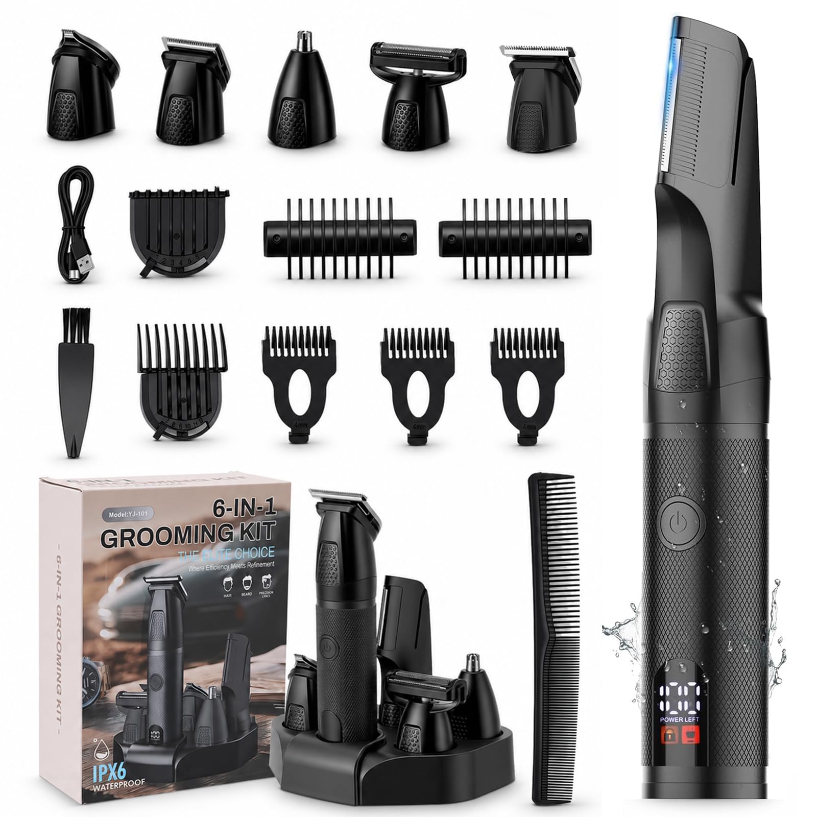 6 in 1 Rasoio Elettrico Corpo Uomo, Rifinitore per del Corpo da Uomo con Testine Magnetiche e Base di Ricarica, IPX6 Impermeabile per Viso, Capelli, Barba, Corpo, Contorni, Zone Sensibili e Intime