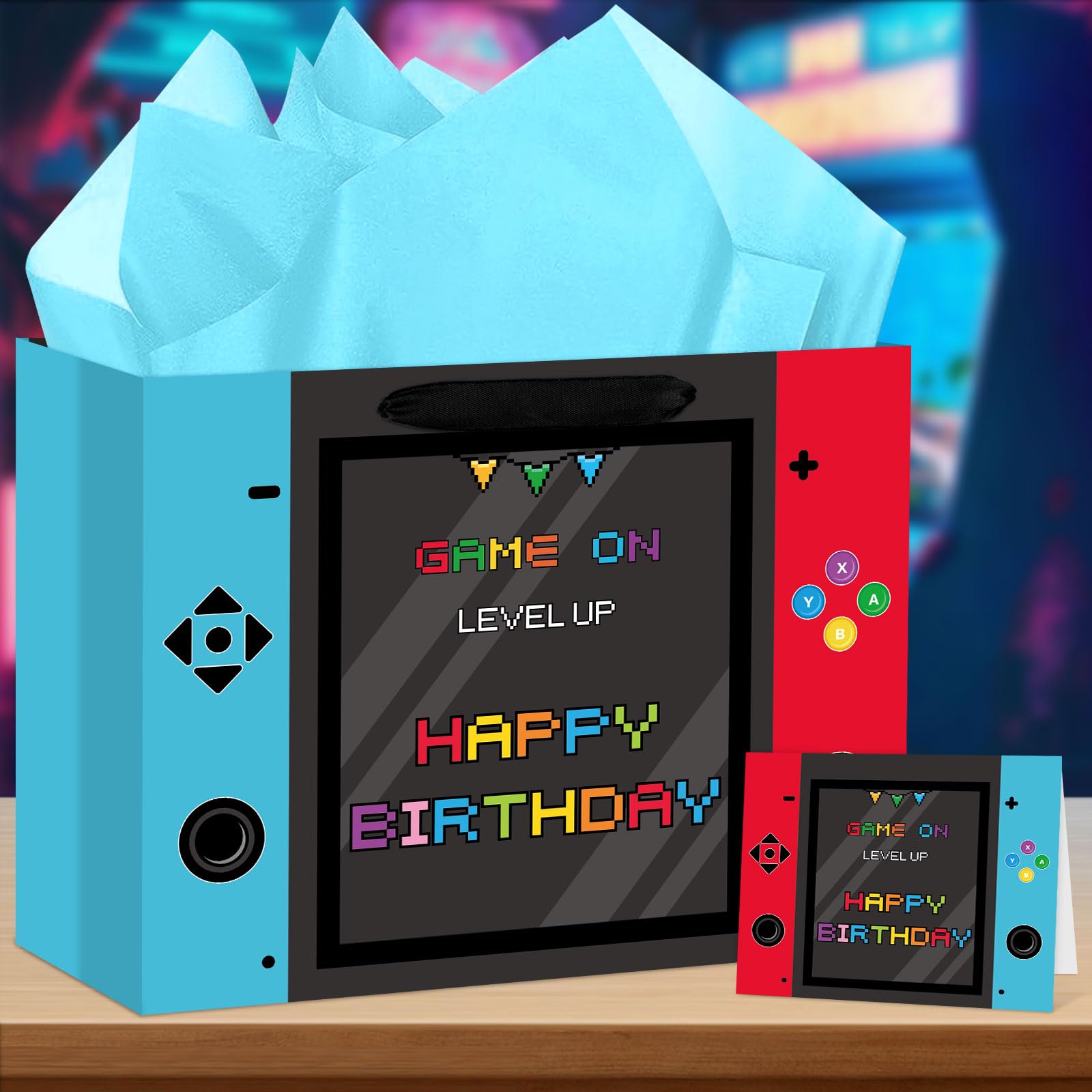 Abilat Large Video Game Birthday Gift Bag with Tissue Paper and Greeting Card Happy Birthday Gift Wrapping Bag for Boys Kids Gaming Theme Game Night Party Decorations