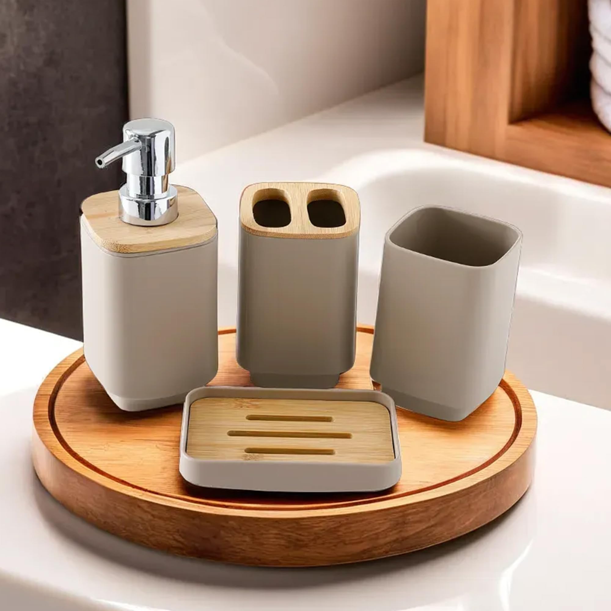 UMAI Bathroom Accessories Set of 4 Pcs | Soap Dispenser for Bathroom(7 * 7 * 17cm) | Toothbrush Holder | Soap Case for Bathroom | Mouth Wash Cup Bathroom Accessories Items (B0DF2PX49V) Amazon Price History, Amazon Price Tracker