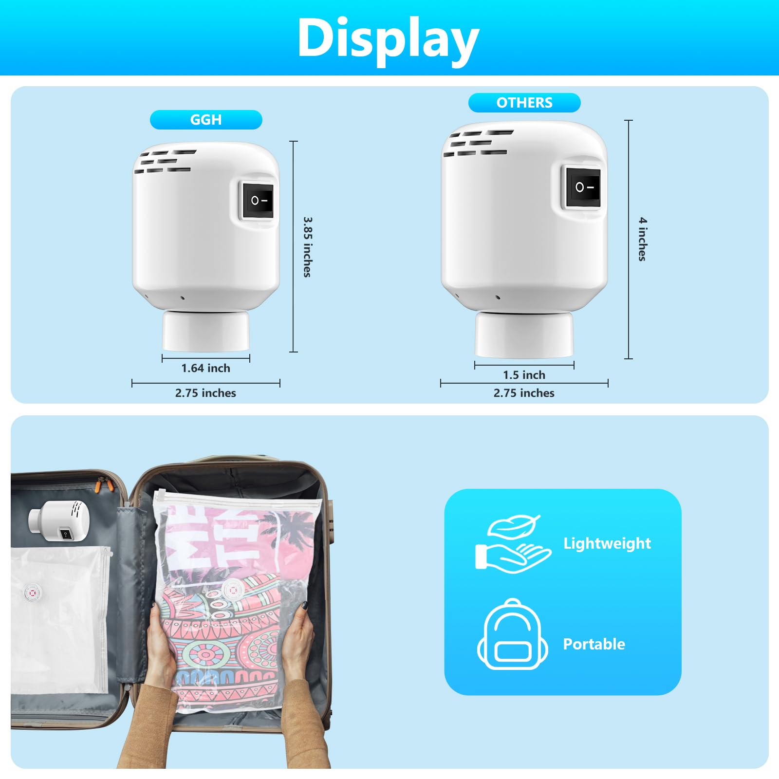 GGH Bomba de aire eléctrica para bolsas de sellado al vacío de viaje para ropa, bomba de vacío para varias bolsas de sellado al vacío, bomba de aire portátil para ropa de compresión, equipaje, color