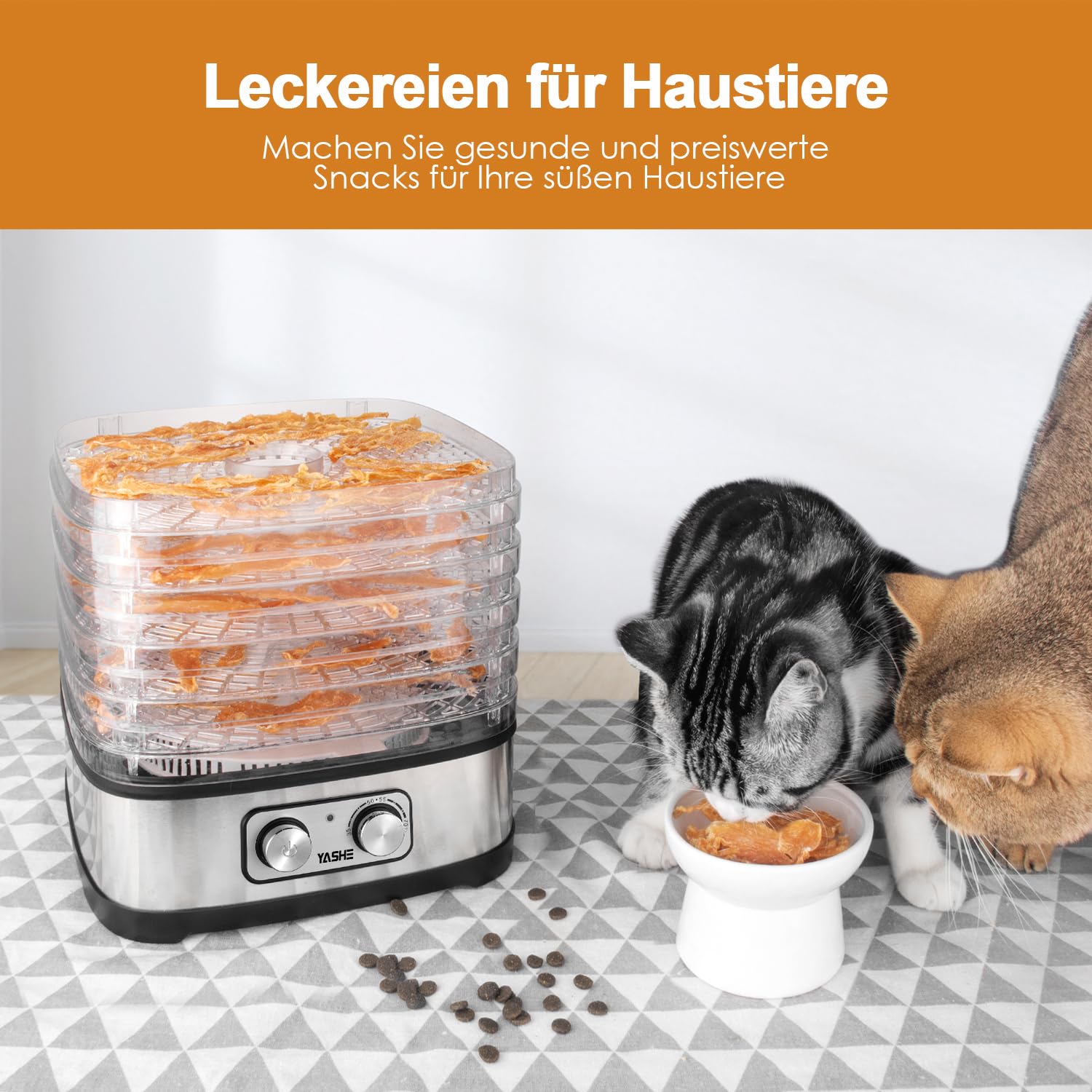 YASHE GGJ-261A Dörrautomat mit 5 höhenverstellbaren Tabletts, Temperaturregelung von 35-70°C, 240 Watt Dörrgerät für Obst und Gemüse, BPA-frei, Silber, Klar, Schwarz