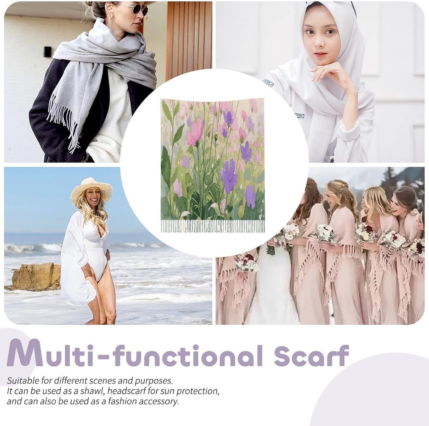 Pink And Purple Flower Watercolor Scarf for Women Men Classic Fashion Blanket Scarves Soft Cashmere Feel Scarf Cold Weather Warm Long Shawl Winter Large Scarves Classic Blanket Scarfs Thick