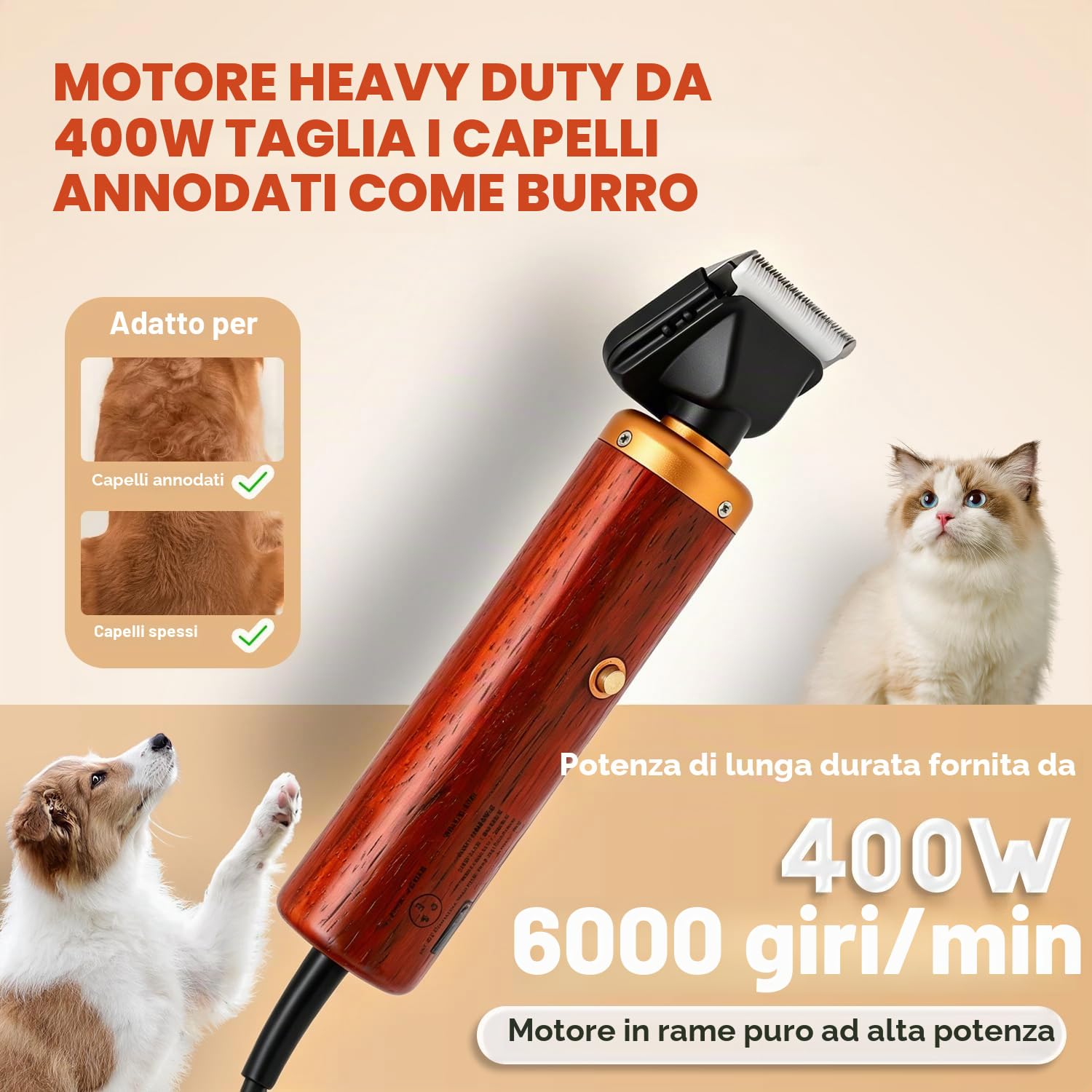 CGOLDENWALL Tosatrice per Cani Professionale 55W, Rumorosità 50DB, Manico in Legno e Cavo di Alimentazione 3m, per Animali di Tutti i Tipi di Pelo, Con 2 Pettini di Fissaggio (3/6 mm, 9/12 mm)