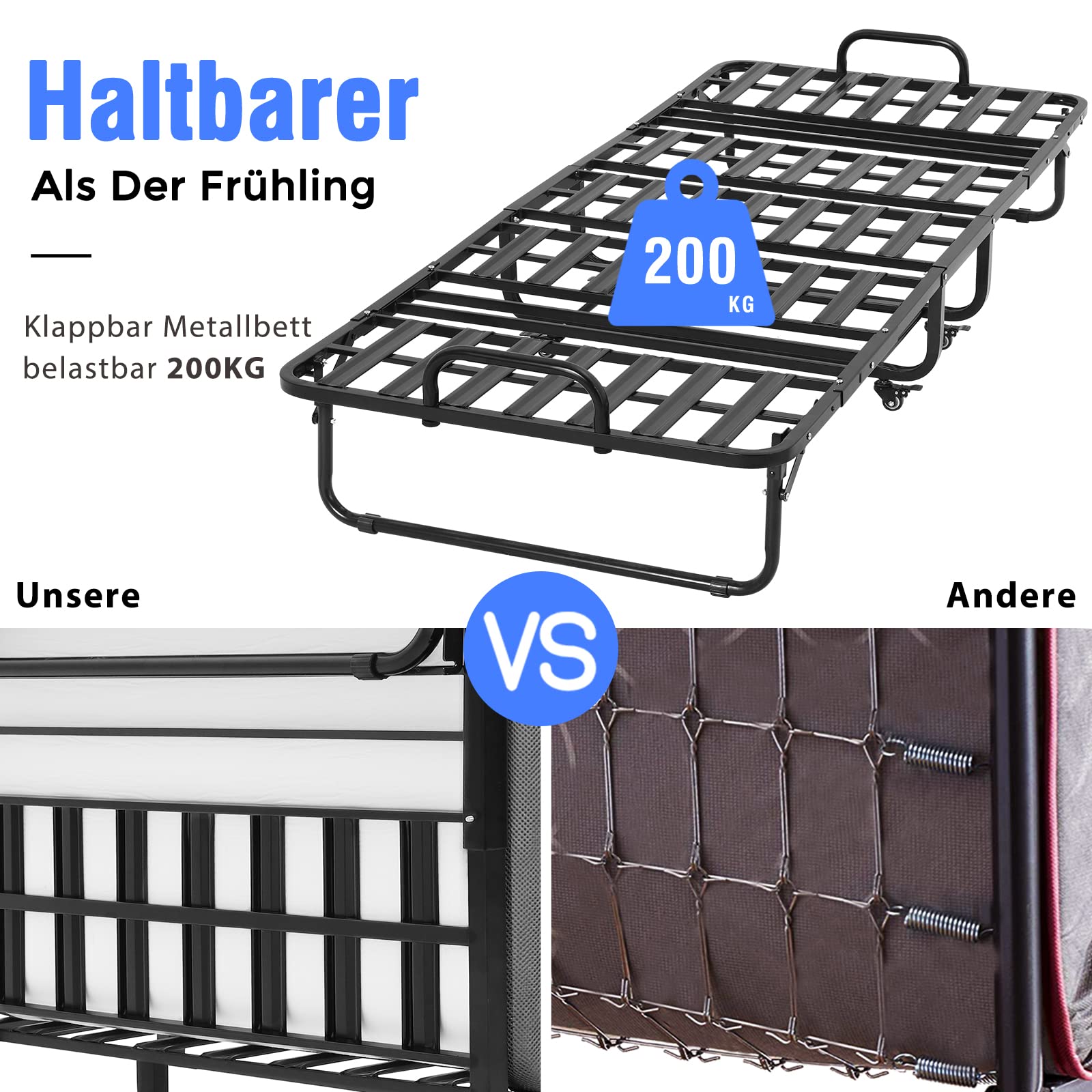 DICTAC Klappbett 90x200cm Erwachsene mit ca.13CM Matratze aus Gedächtnisschaum Gästebett Klappbar Metallrahmen Klappbetten mit Rollen Reisebett Faltbares Metallbett Stabil bis 200 kg belastbar
